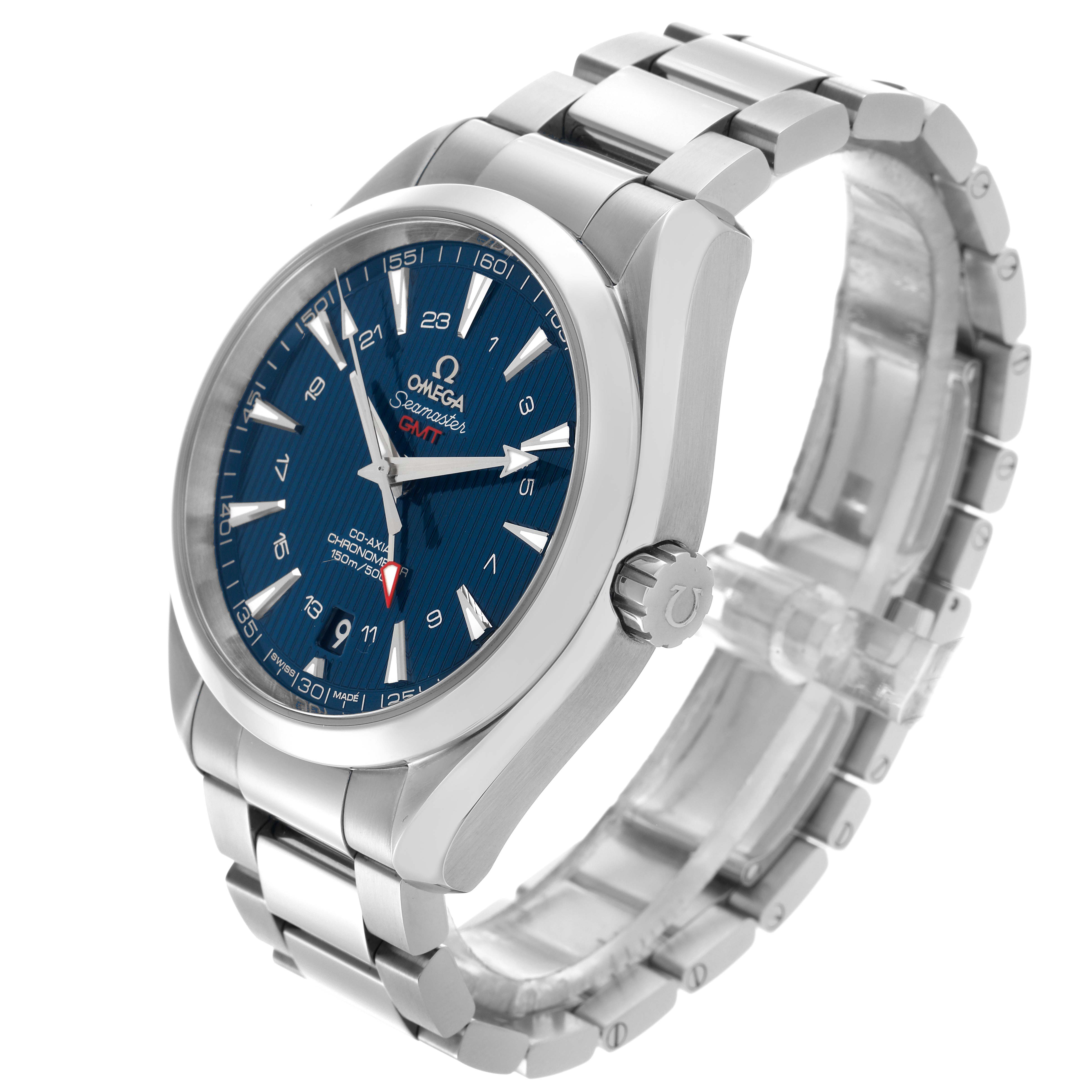 The Omega Aqua Terra 231.10.43.22.03.001 Men
s Stainless Steel Blue Dial 231.10.43.22.03.001 Men
s Stainless Steel Blue Dial watch is displayed at a three-quarter angle, showcasing its blue dial, stainless steel case, and bracelet.