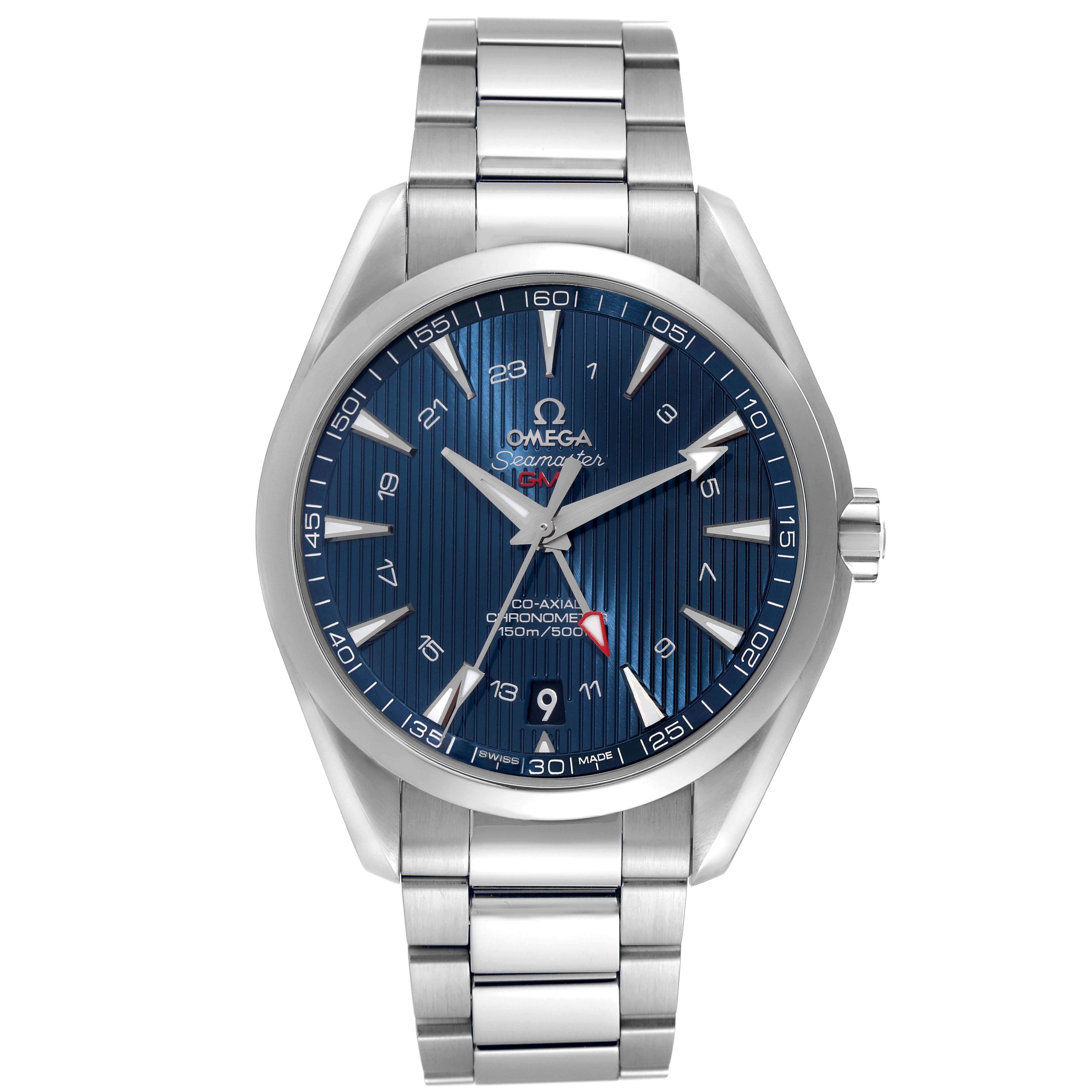 The Omega Aqua Terra 231.10.43.22.03.001 Men
s Stainless Steel Blue Dial 231.10.43.22.03.001 Men
s Stainless Steel Blue Dial watch is shown from the front, displaying the blue dial, metal bracelet, and crown.