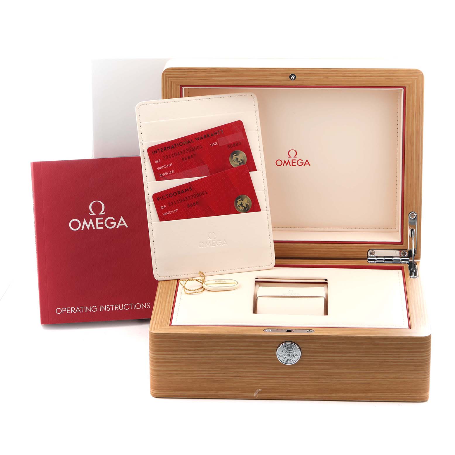 The image shows Omega Aqua Terra 231.10.43.22.03.001 Men
s Stainless Steel Blue Dial 231.10.43.22.03.001 Men
s Stainless Steel Blue Dial packaging, including a wooden box, warranty cards, and instruction manual.