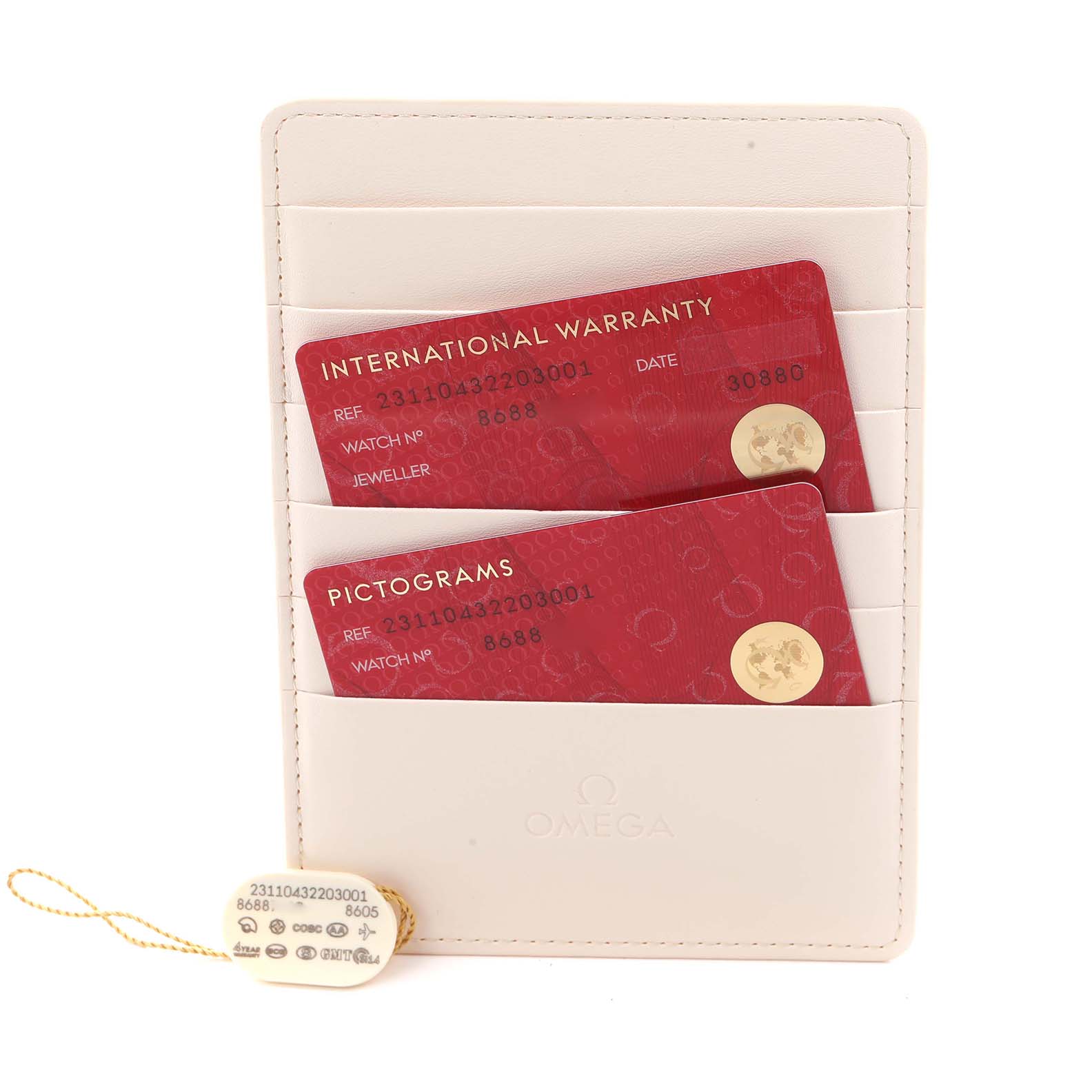 The image shows the warranty cards and tags for the Omega Aqua Terra 231.10.43.22.03.001 Men
s Stainless Steel Blue Dial 231.10.43.22.03.001 Men
s Stainless Steel Blue Dial model.