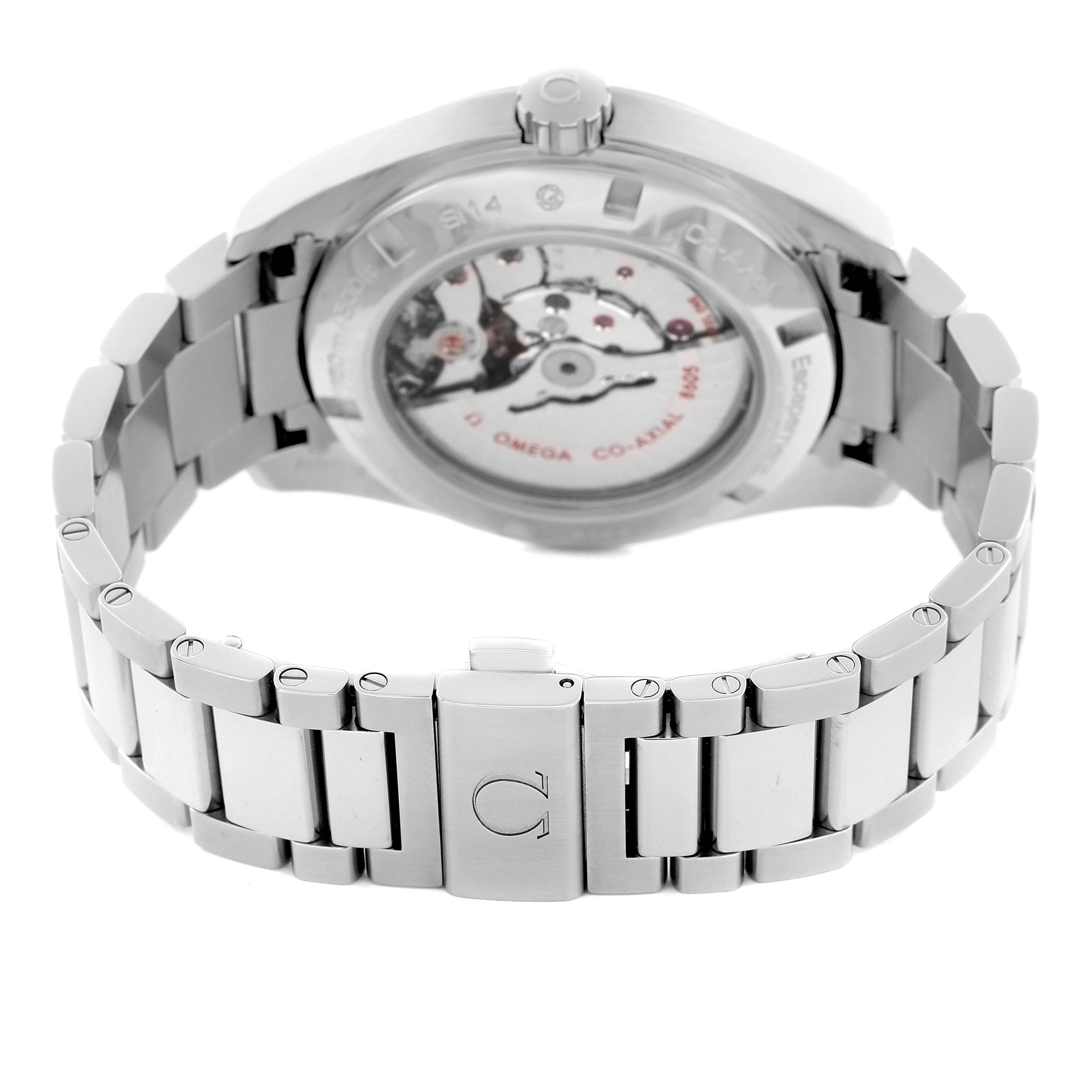 The Omega Aqua Terra 231.10.43.22.03.001 Men
s Stainless Steel Blue Dial 231.10.43.22.03.001 Men
s Stainless Steel Blue Dial watch is shown from the back, highlighting the bracelet and the transparent case back displaying the movement.