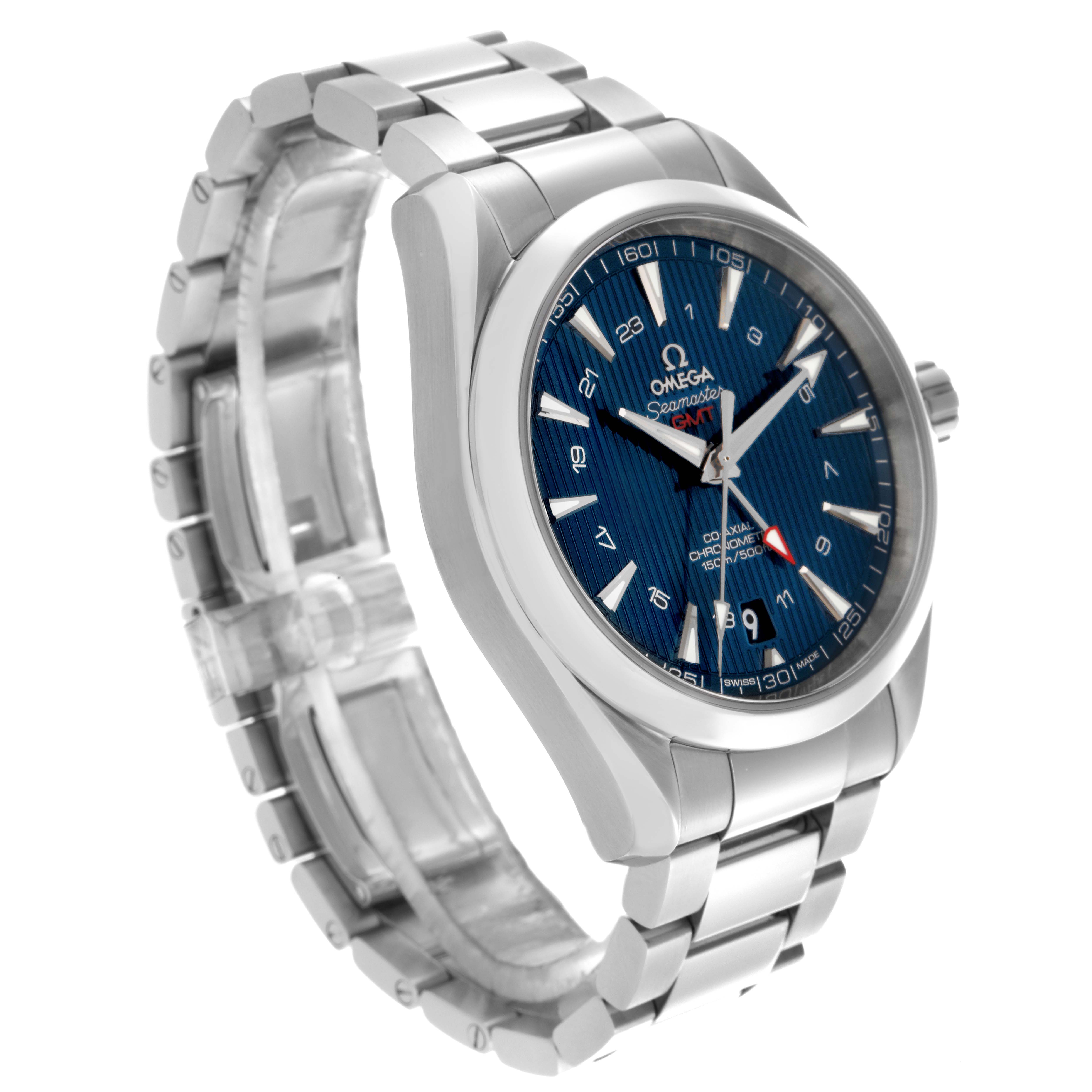 The Omega Aqua Terra 231.10.43.22.03.001 Men
s Stainless Steel Blue Dial 231.10.43.22.03.001 Men
s Stainless Steel Blue Dial watch is shown at an angle highlighting its blue dial, metal bracelet, and side profile with the crown visible.