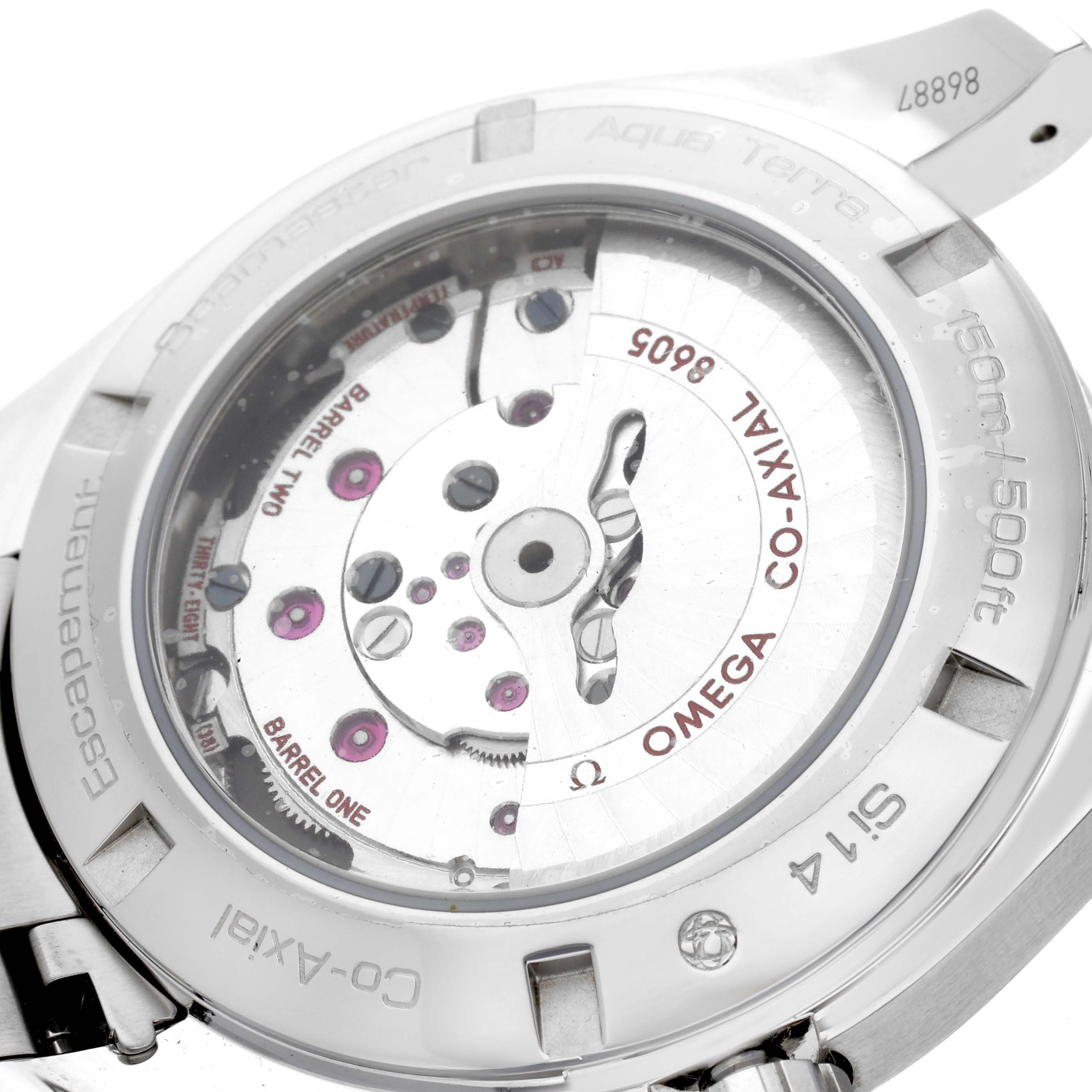 The image shows the back of the Omega Aqua Terra 231.10.43.22.03.001 Men
s Stainless Steel Blue Dial 231.10.43.22.03.001 Men
s Stainless Steel Blue Dial watch, highlighting its Co-Axial movement.