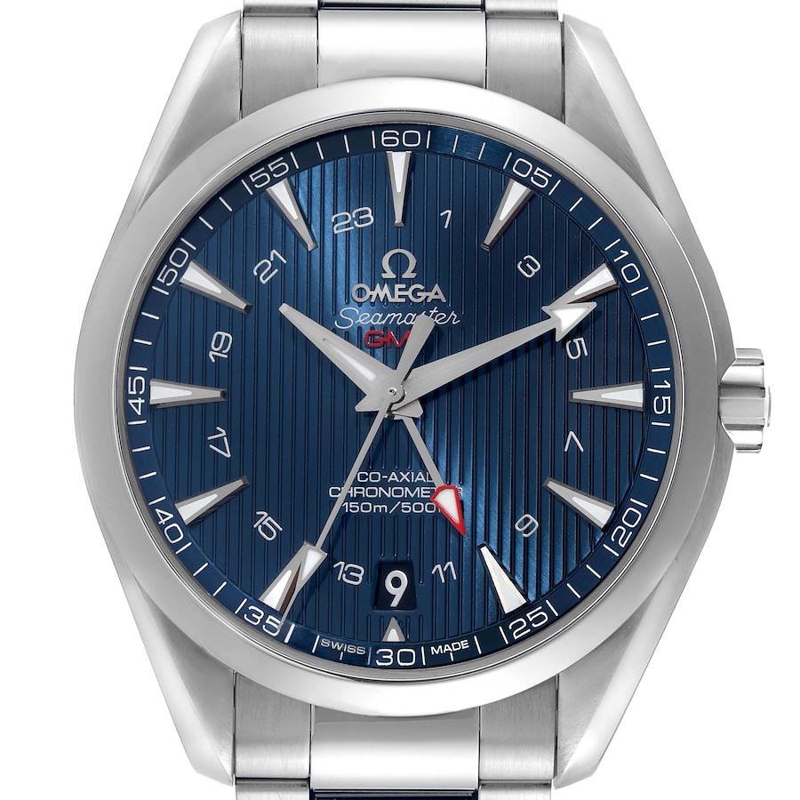 The Omega Aqua Terra watch is shown from the front, highlighting its blue dial and stainless steel bracelet.