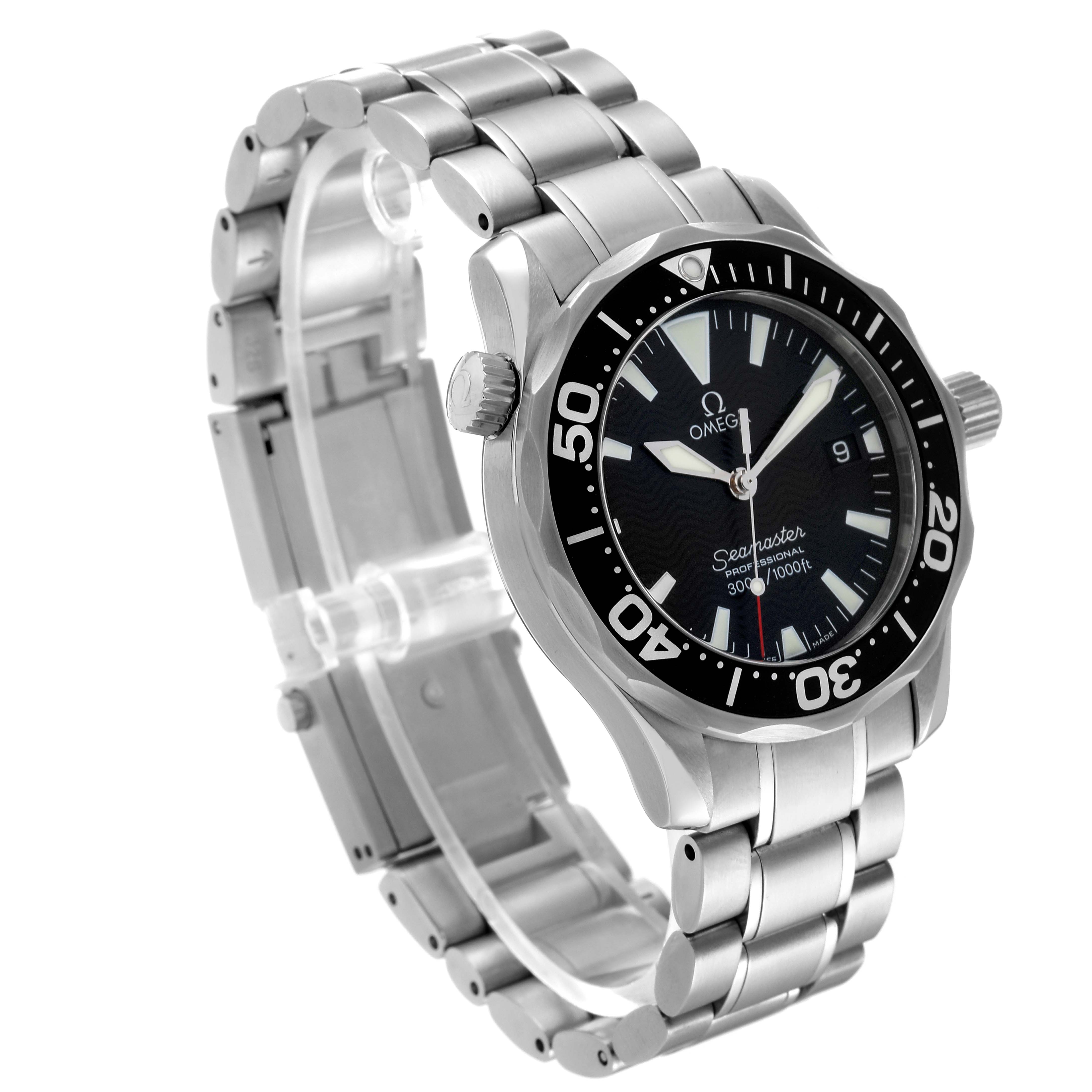 The image shows an Omega Seamaster 2262.50.00 Men's Stainless Steel Black Dial 2262.50.00 Men's Stainless Steel Black Dial watch at a three-quarter angle, highlighting its bezel, dial, crown, and stainless steel bracelet.