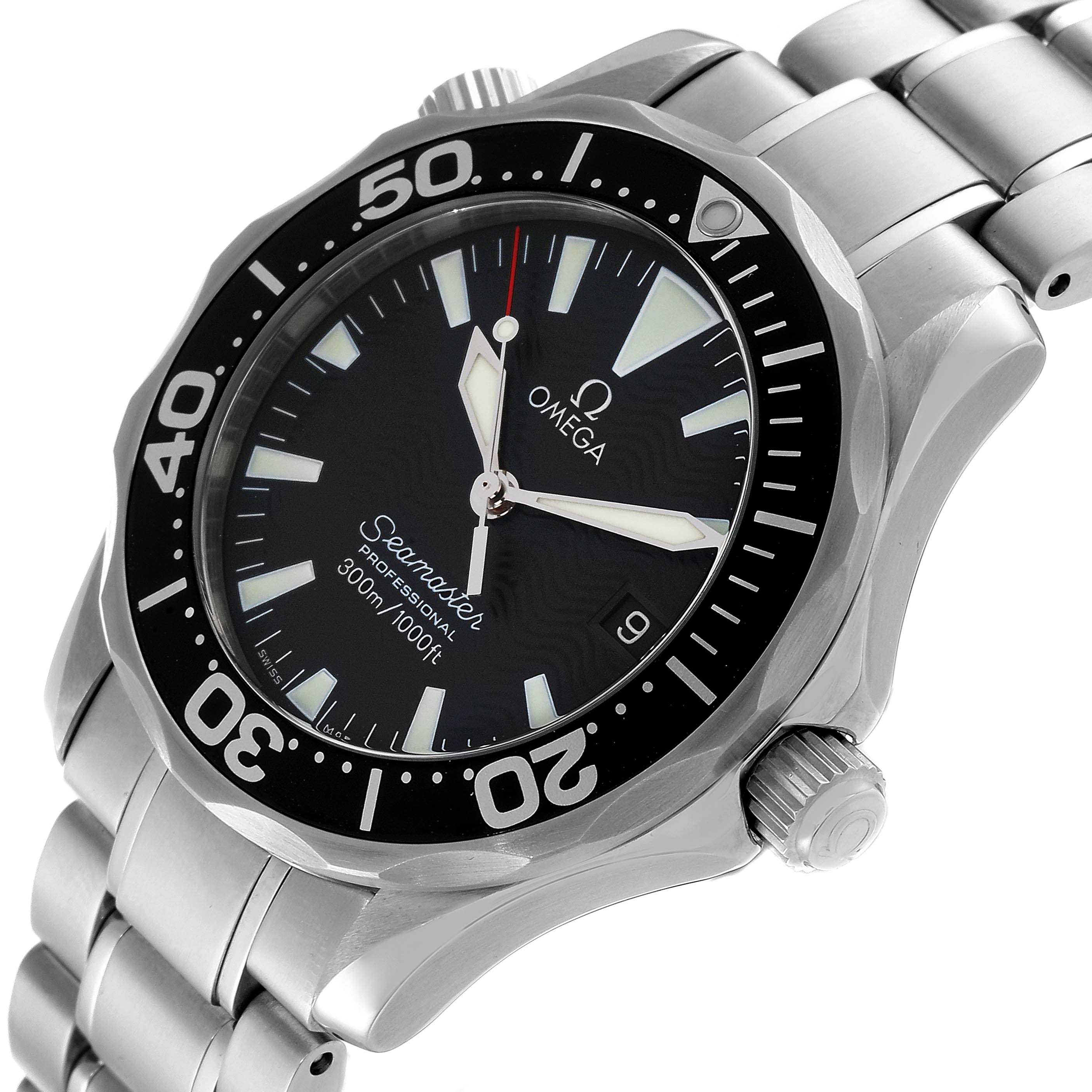 The Omega Seamaster 2262.50.00 Men's Stainless Steel Black Dial 2262.50.00 Men's Stainless Steel Black Dial watch is shown from a slight side angle, displaying the face, bezel, crown, and metal bracelet.