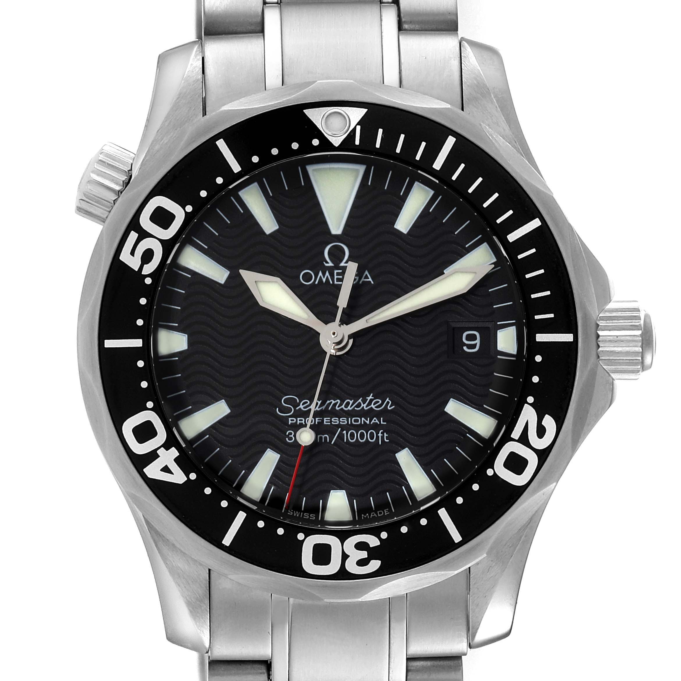 The Omega Seamaster 2262.50.00 Men's Stainless Steel Black Dial 2262.50.00 Men's Stainless Steel Black Dial watch is shown from a front angle, highlighting the dial, bezel, case, and part of the bracelet.