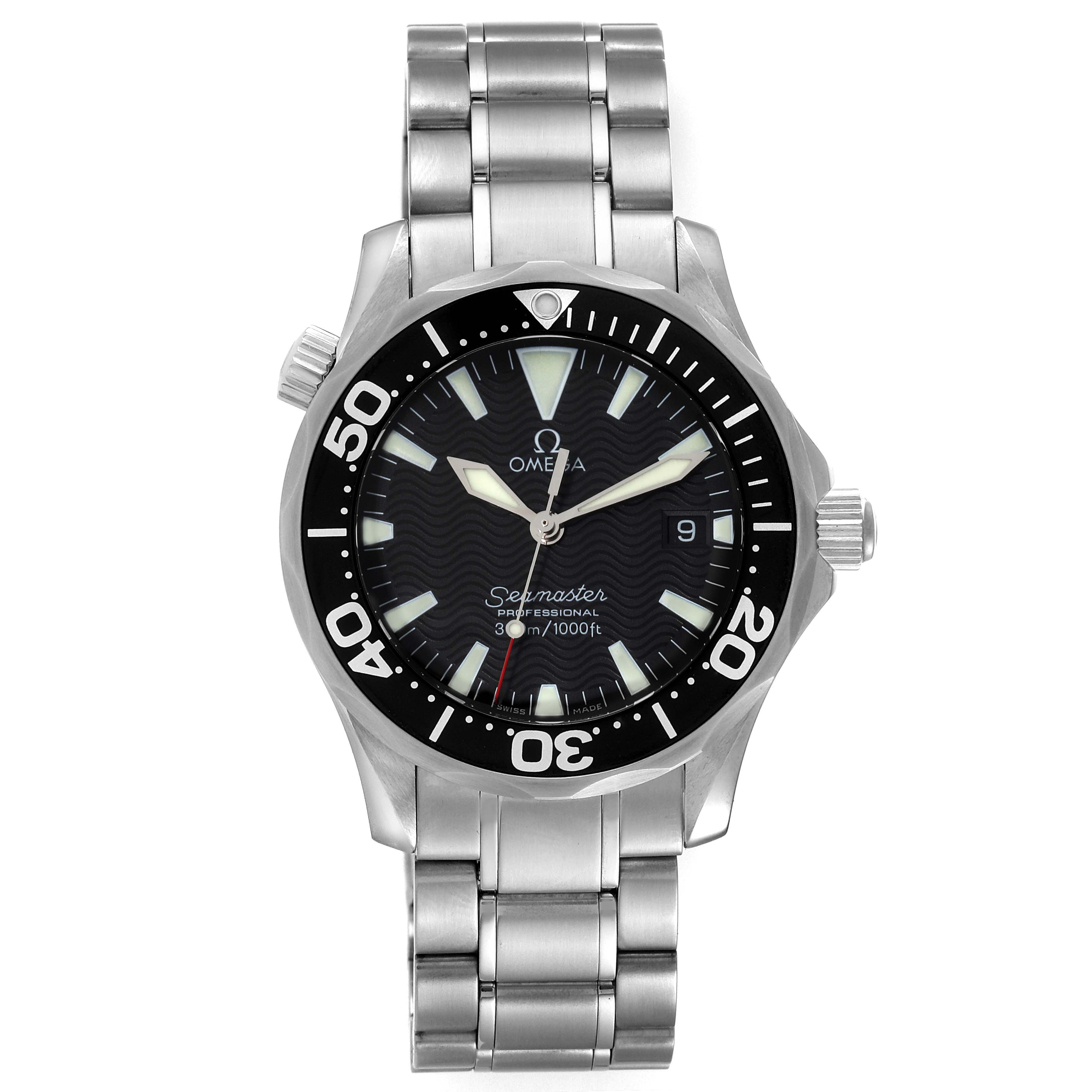 The image shows a front view of the Omega Seamaster 2262.50.00 Men's Stainless Steel Black Dial 2262.50.00 Men's Stainless Steel Black Dial watch, displaying the dial, bezel, hands, crown, and the full metal bracelet.