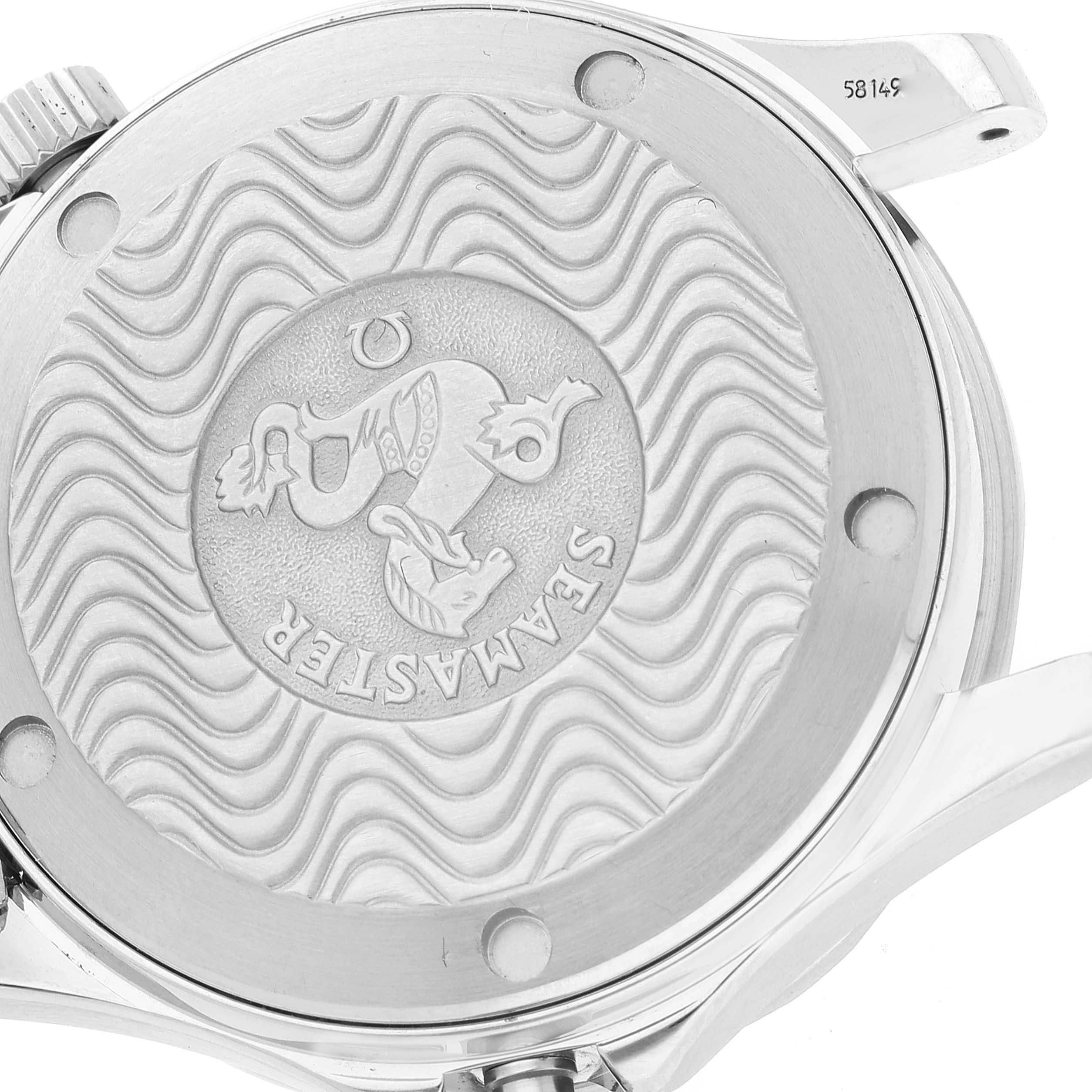 This image shows the case back of an Omega Seamaster 2262.50.00 Men's Stainless Steel Black Dial 2262.50.00 Men's Stainless Steel Black Dial watch, displaying the engraved wave pattern and the Seamaster logo.
