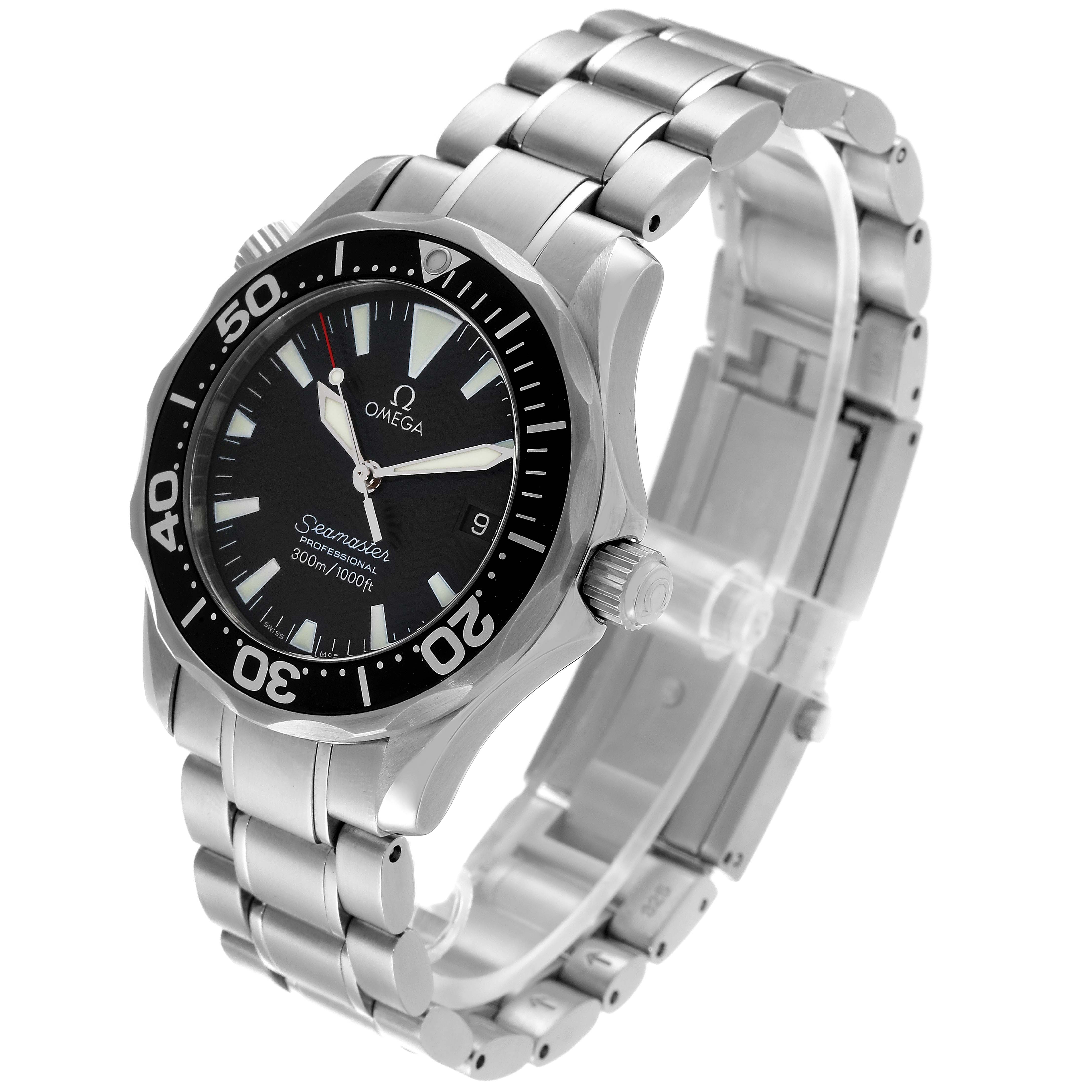 The Omega Seamaster 2262.50.00 Men's Stainless Steel Black Dial 2262.50.00 Men's Stainless Steel Black Dial watch is shown at an angled view, displaying its face, bezel, crown, and metal bracelet.