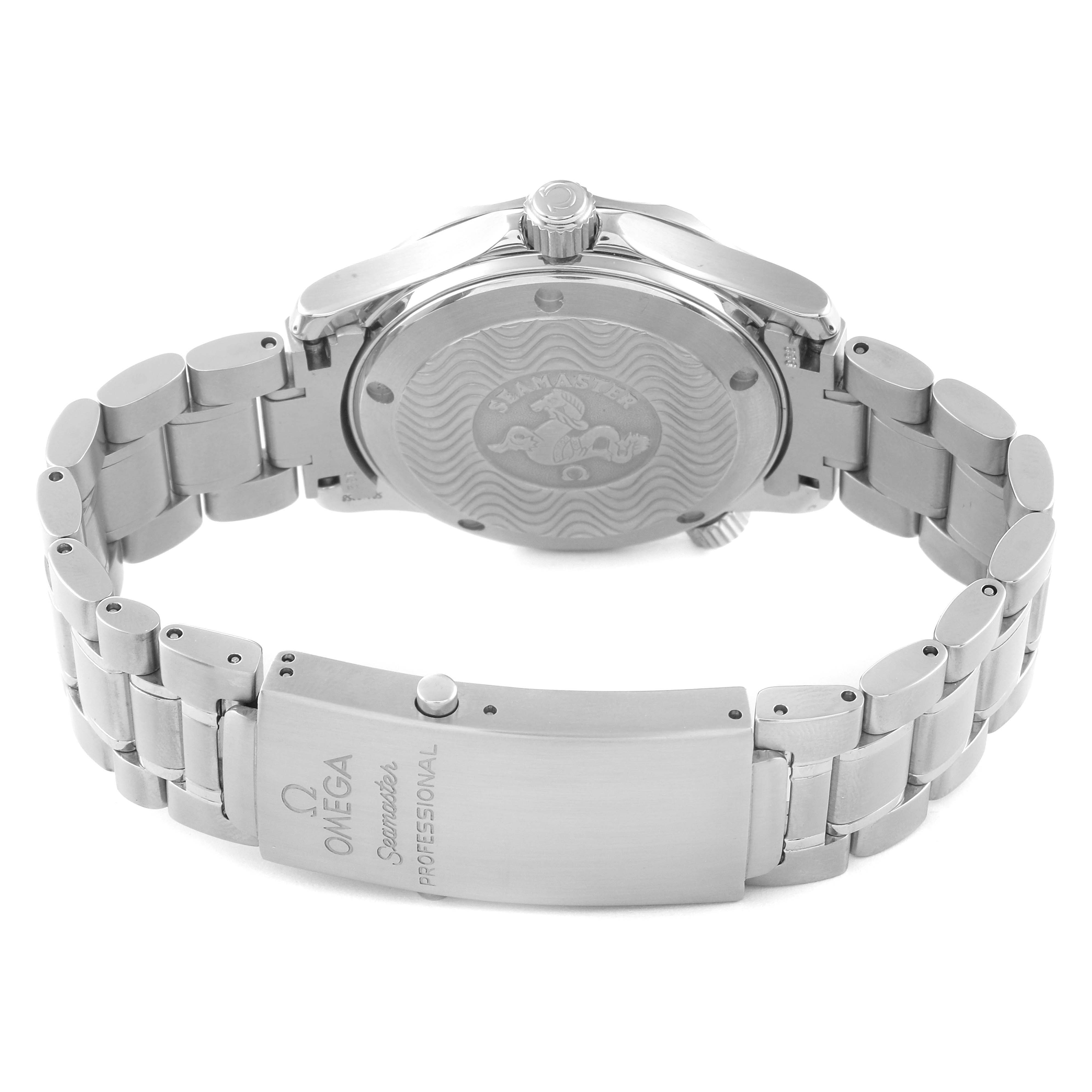 The image shows the back case and bracelet of the Omega Seamaster 2262.50.00 Men's Stainless Steel Black Dial 2262.50.00 Men's Stainless Steel Black Dial watch, focusing on the deployment clasp and case back design.