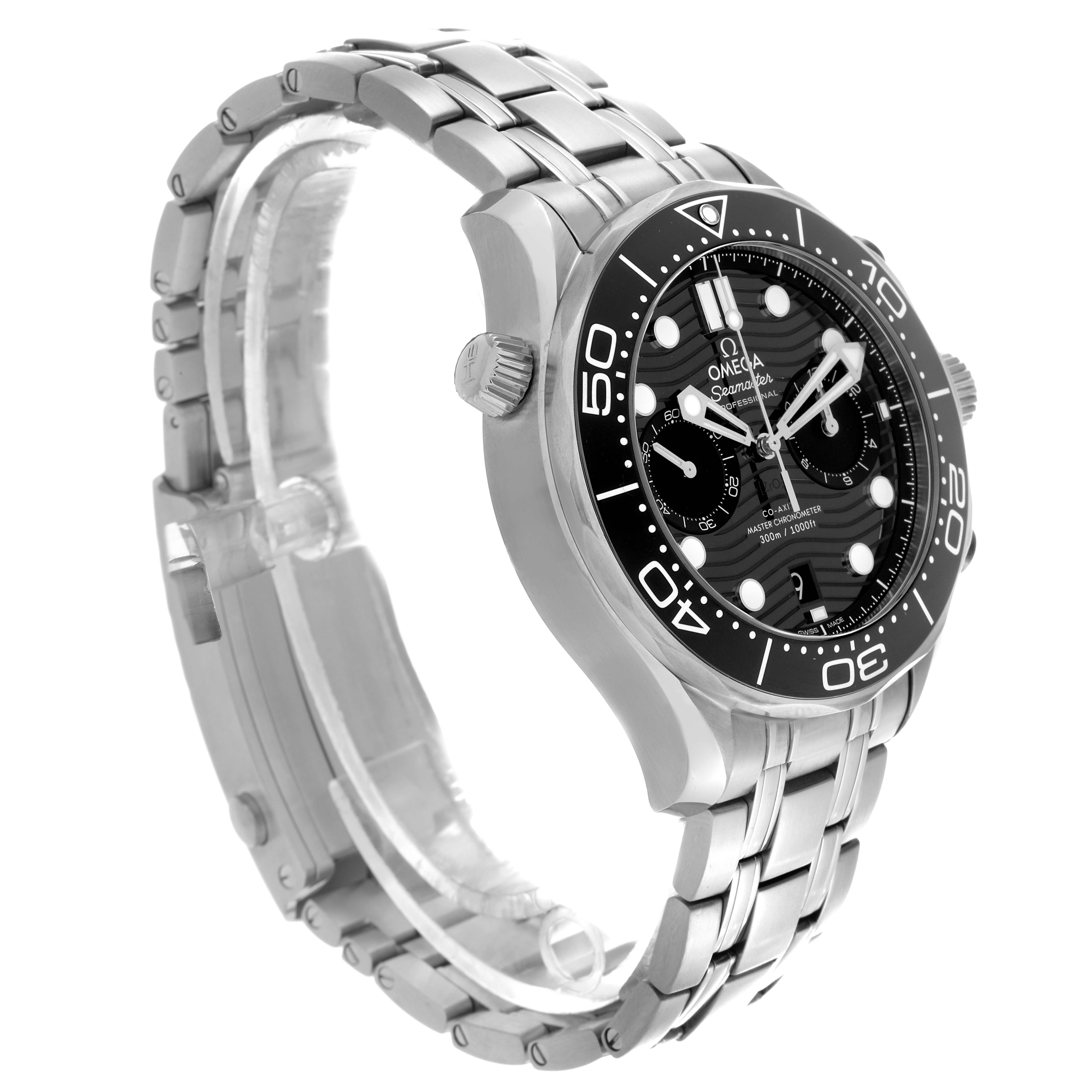 The Omega Seamaster 210.30.44.51.01.001 Men
s Stainless Steel Black Dial 210.30.44.51.01.001 Men
s Stainless Steel Black Dial watch is shown at a three-quarter angle, highlighting the bezel, bracelet, and crown.
