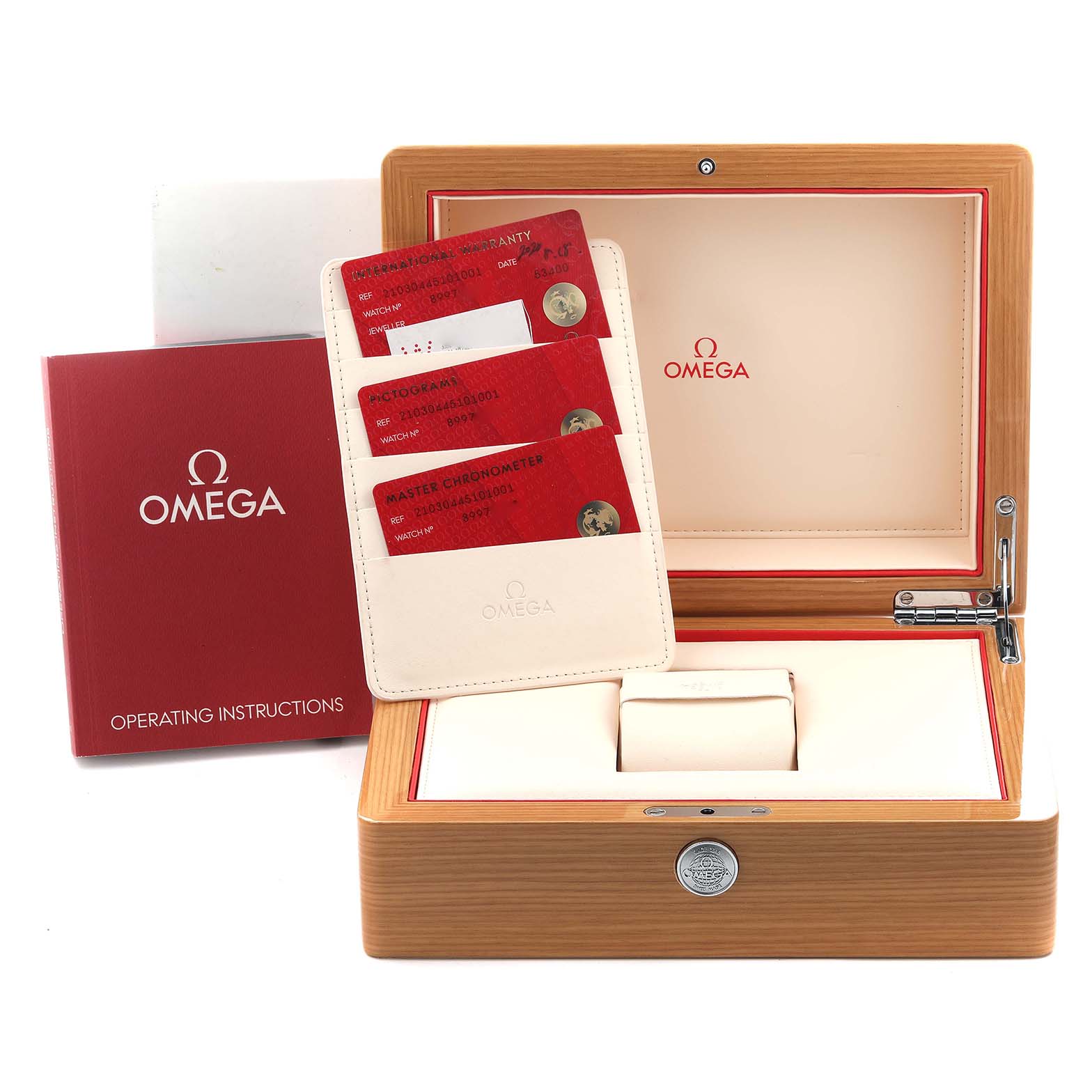The image shows a wooden Omega Seamaster 210.30.44.51.01.001 Men
s Stainless Steel Black Dial 210.30.44.51.01.001 Men
s Stainless Steel Black Dial watch box with its interior, operating instructions, and several cards.