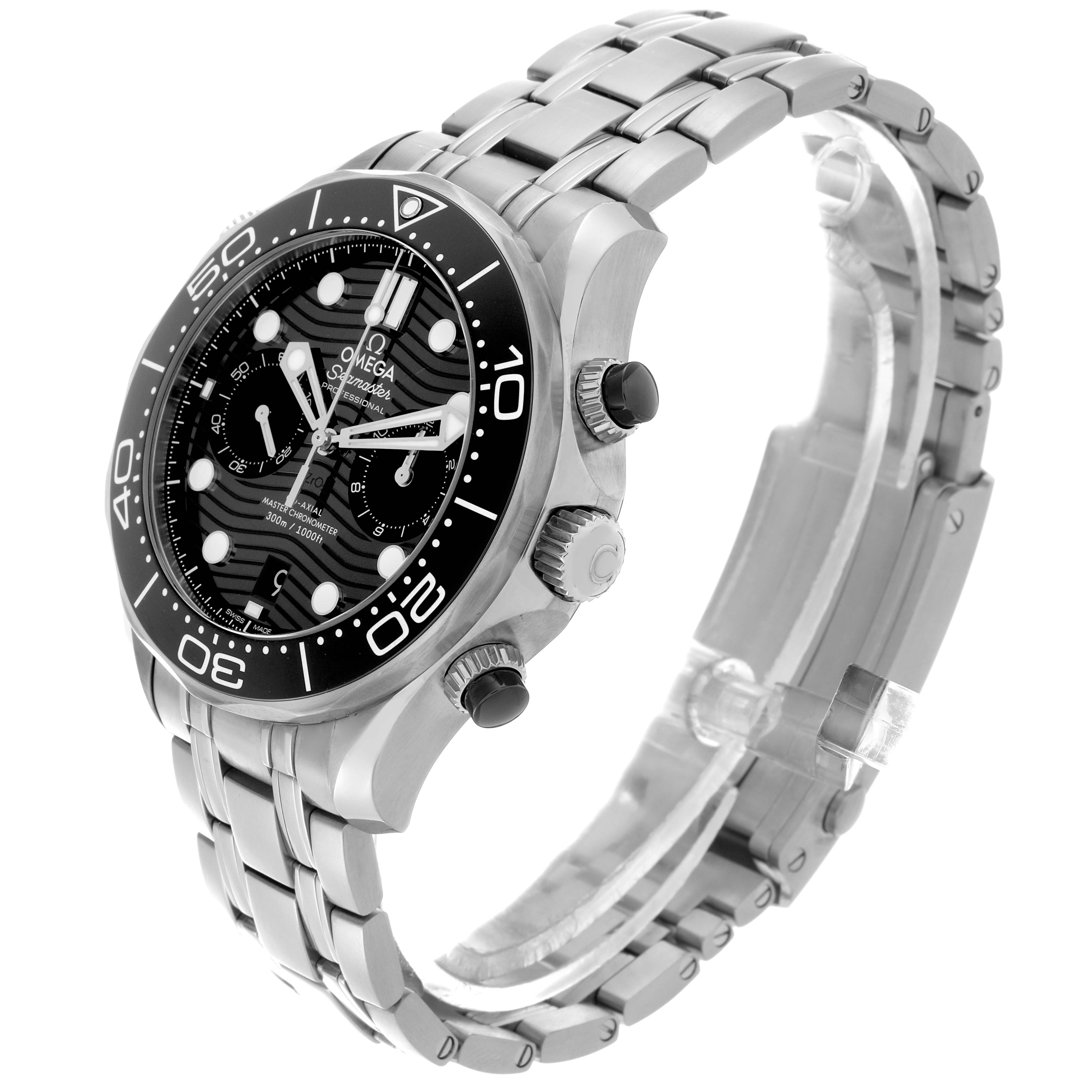 The Omega Seamaster 210.30.44.51.01.001 Men
s Stainless Steel Black Dial 210.30.44.51.01.001 Men
s Stainless Steel Black Dial watch is shown at an angled side view, displaying the dial, bezel, crown, and bracelet.