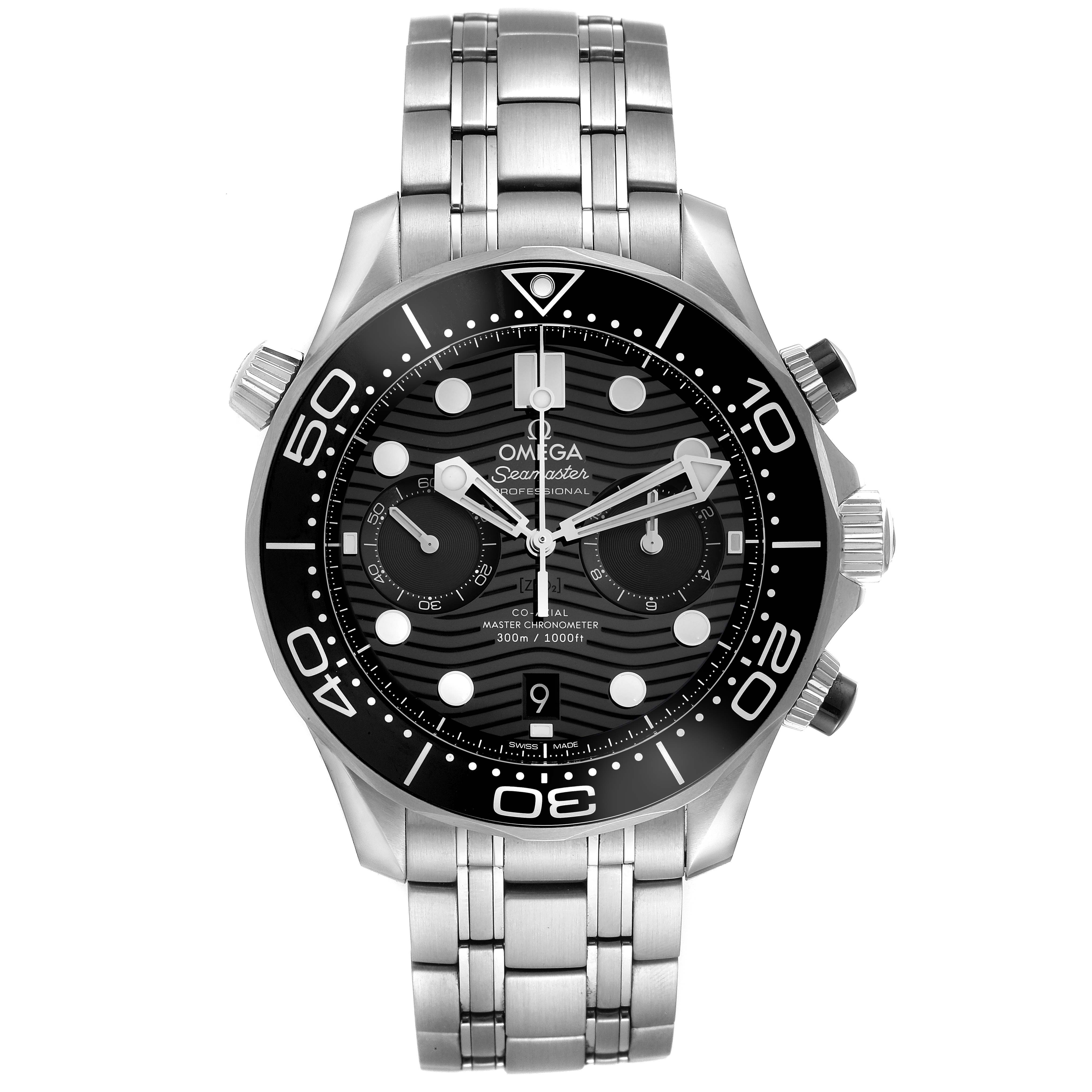 The Omega Seamaster 210.30.44.51.01.001 Men
s Stainless Steel Black Dial 210.30.44.51.01.001 Men
s Stainless Steel Black Dial watch is shown from a front angle, displaying the face, bezel, crown, and bracelet.