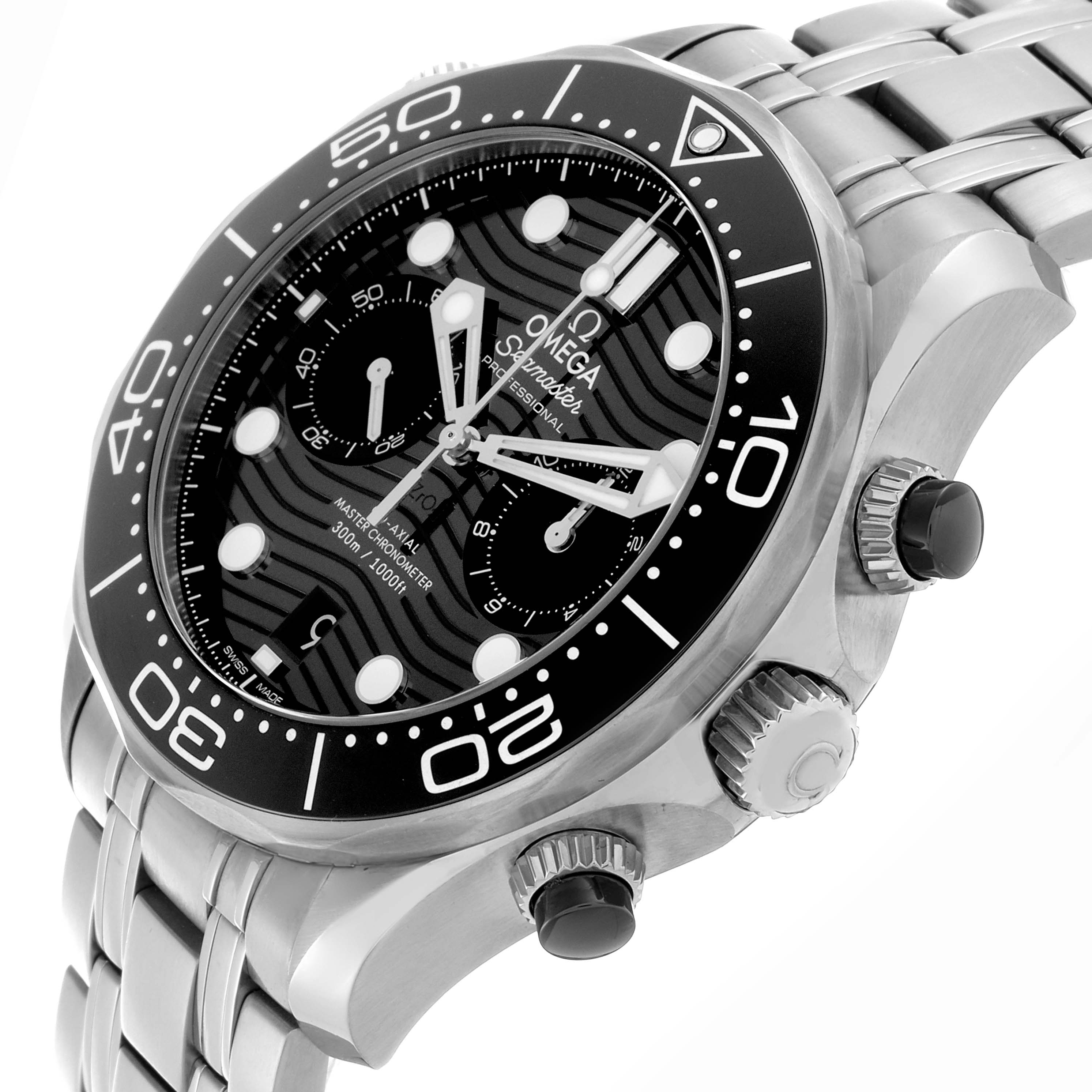 The Omega Seamaster 210.30.44.51.01.001 Men
s Stainless Steel Black Dial 210.30.44.51.01.001 Men
s Stainless Steel Black Dial watch is shown at a tilted angle, displaying the bezel, textured dial, subdials, and metal bracelet.