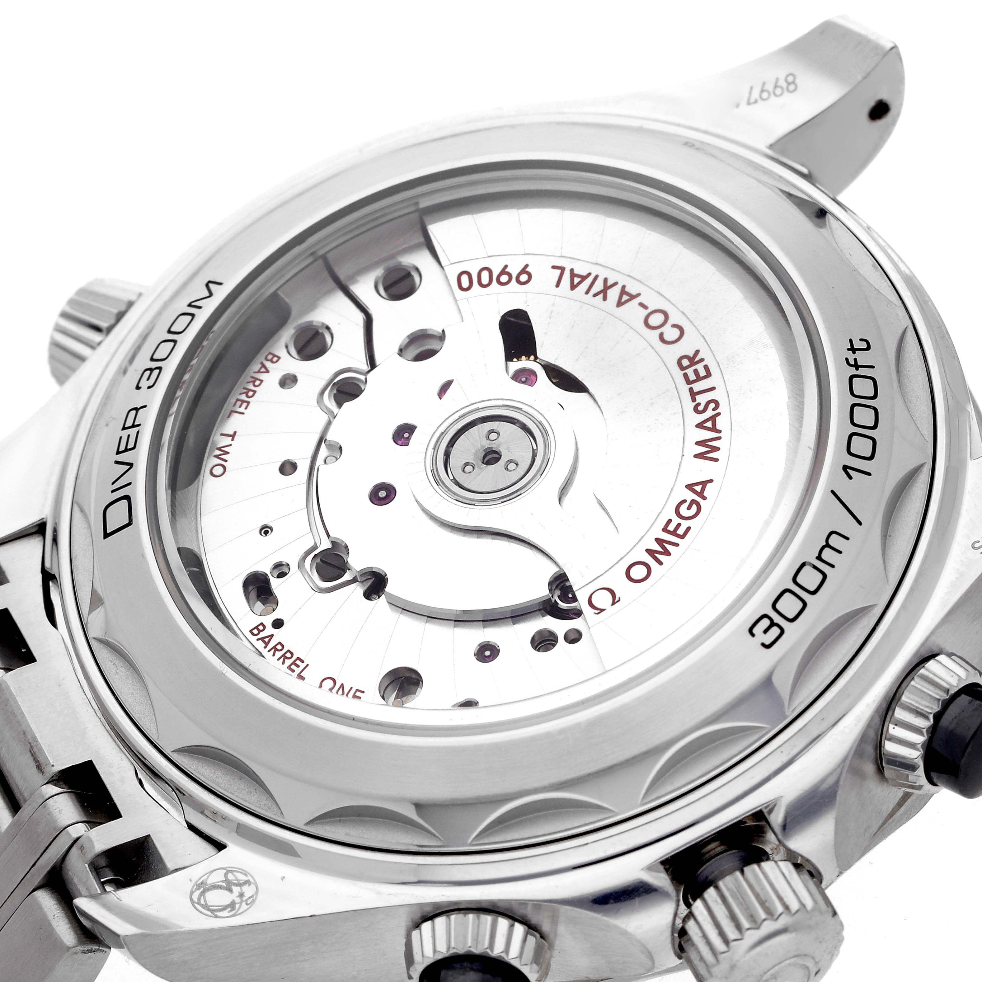 The image shows the case back of the Omega Seamaster 210.30.44.51.01.001 Men
s Stainless Steel Black Dial 210.30.44.51.01.001 Men
s Stainless Steel Black Dial, highlighting the movement and engravings.