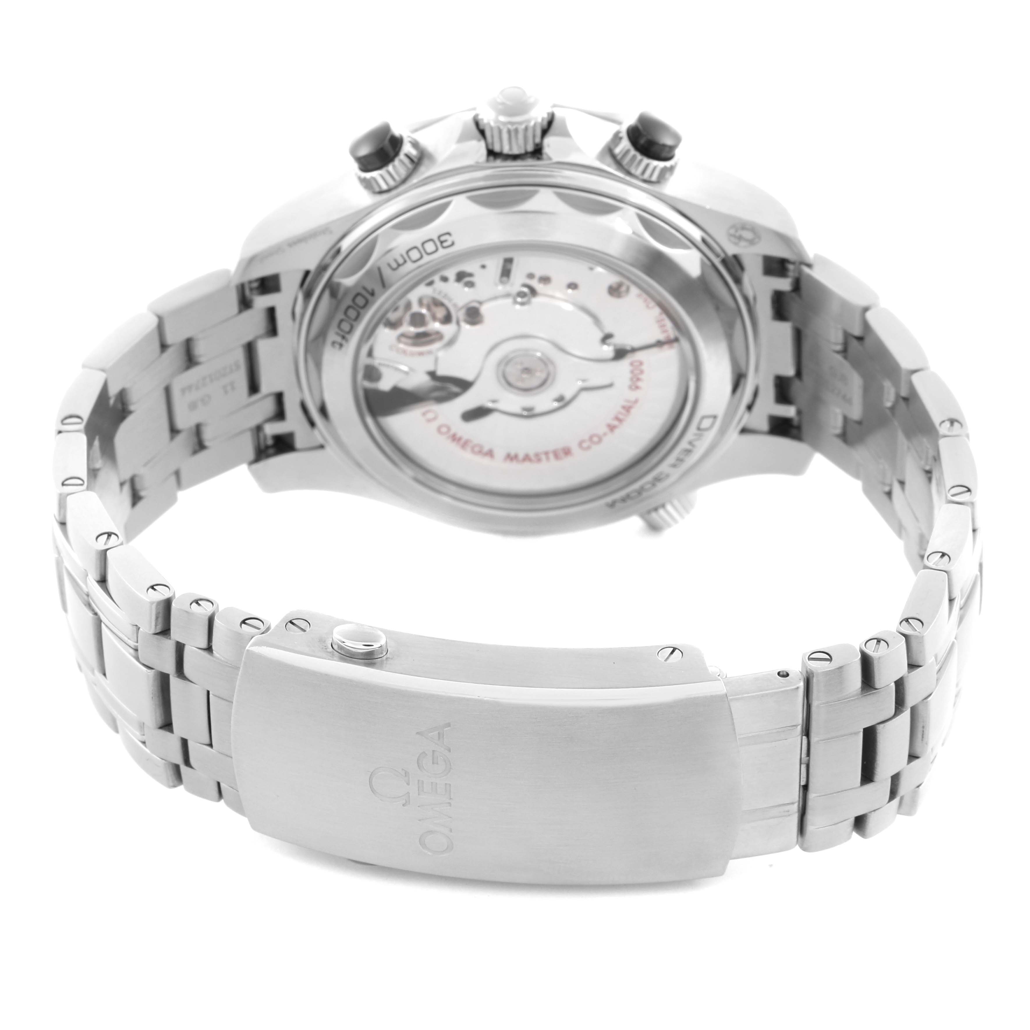 The Omega Seamaster 210.30.44.51.01.001 Men
s Stainless Steel Black Dial 210.30.44.51.01.001 Men
s Stainless Steel Black Dial watch is shown from the back, displaying its open case back and stainless steel bracelet clasp.