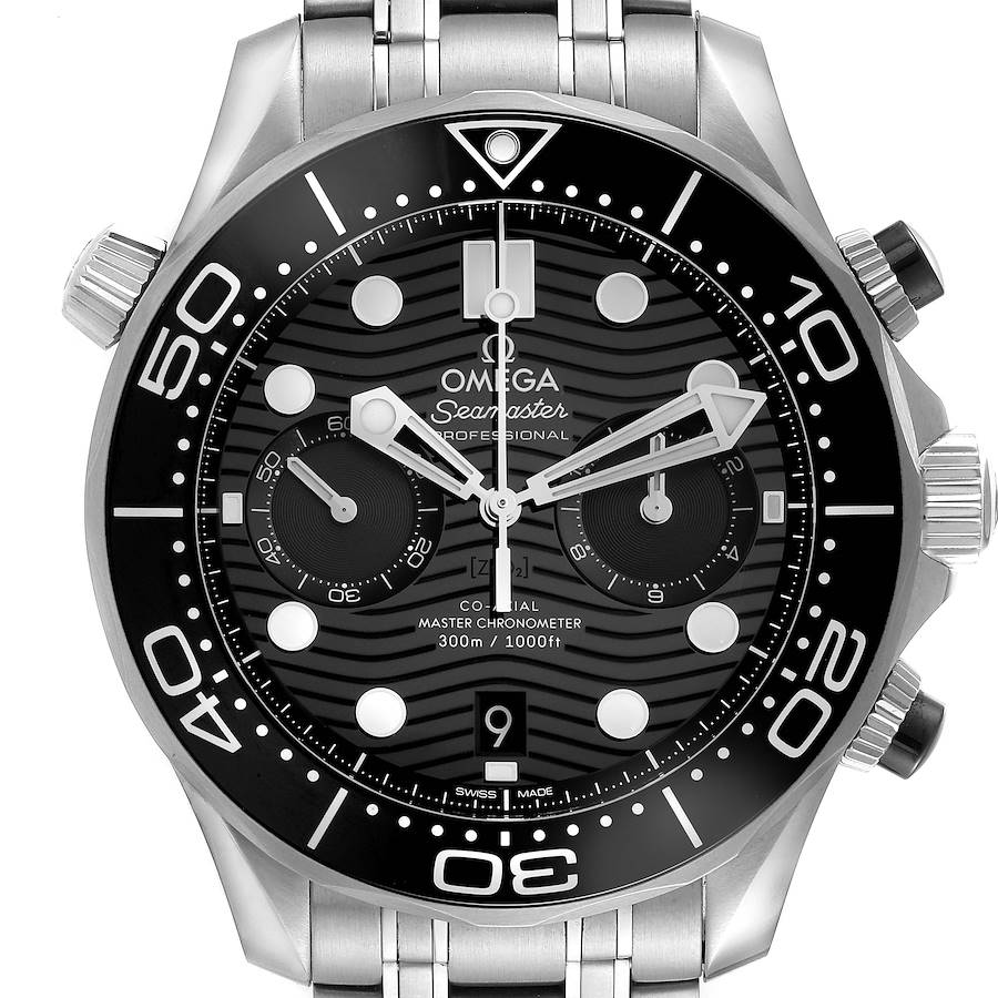 The Omega Seamaster watch is shown from a front angle, displaying the dial, bezel, and pushers.
