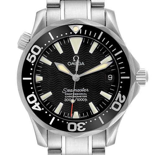 The Omega Seamaster watch is shown from a front angle, highlighting the dial, bezel, and part of the bracelet.