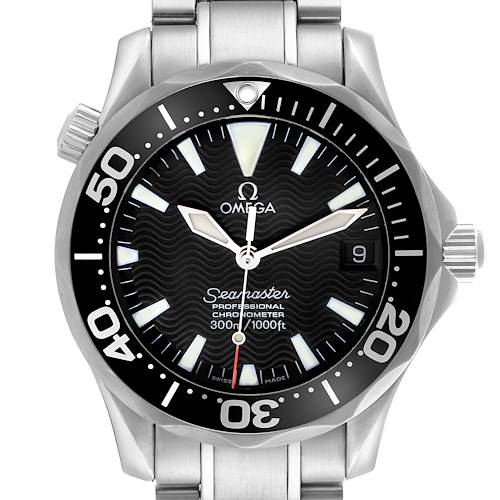 The Omega Seamaster watch is shown from the front, displaying the dial and markings with a focus on the bezel and bracelet.
