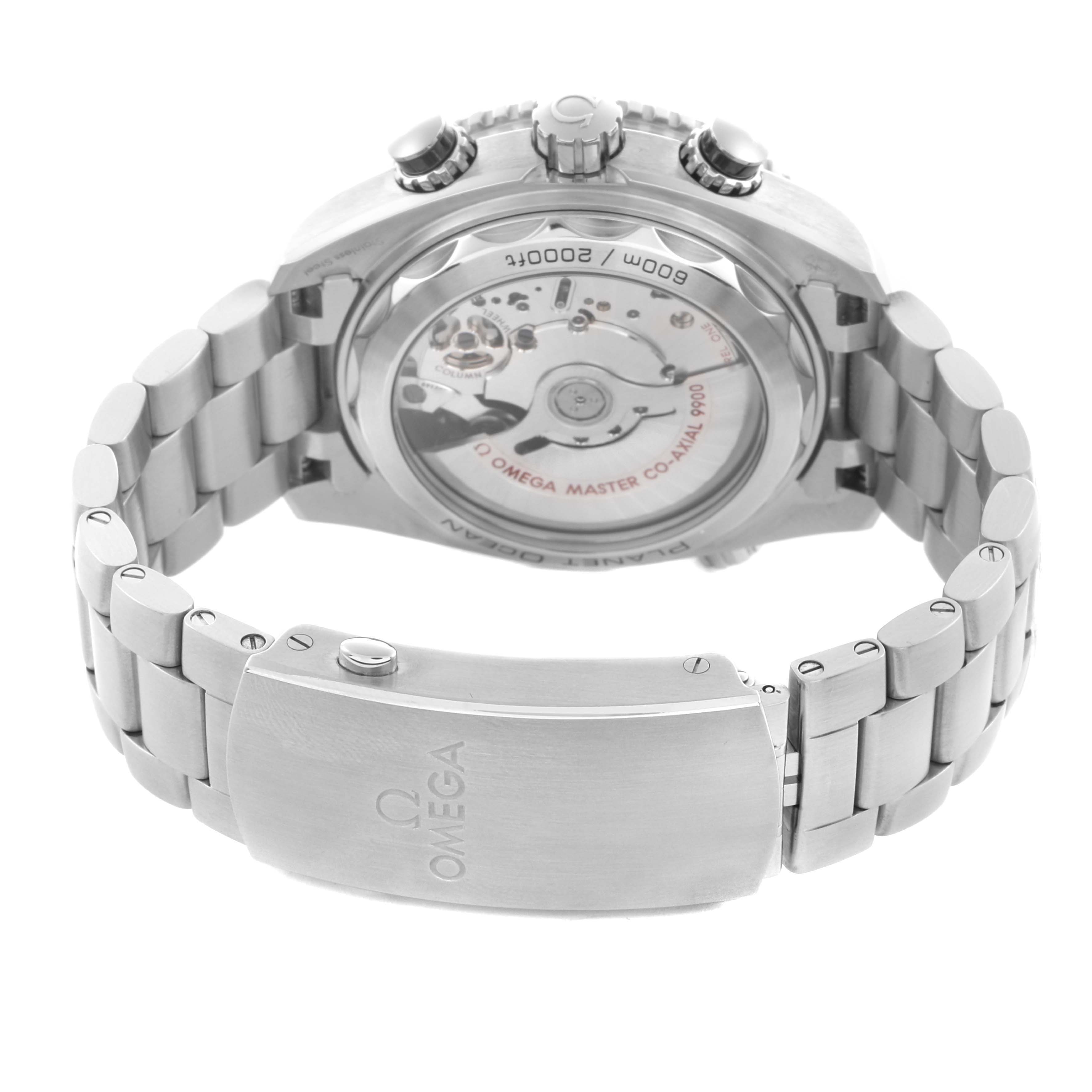 The Omega Planet Ocean 215.30.46.51.01.002 Men
s Stainless Steel Black Dial 215.30.46.51.01.002 Men
s Stainless Steel Black Dial watch is shown from the back, highlighting the case back, bracelet, and clasp.