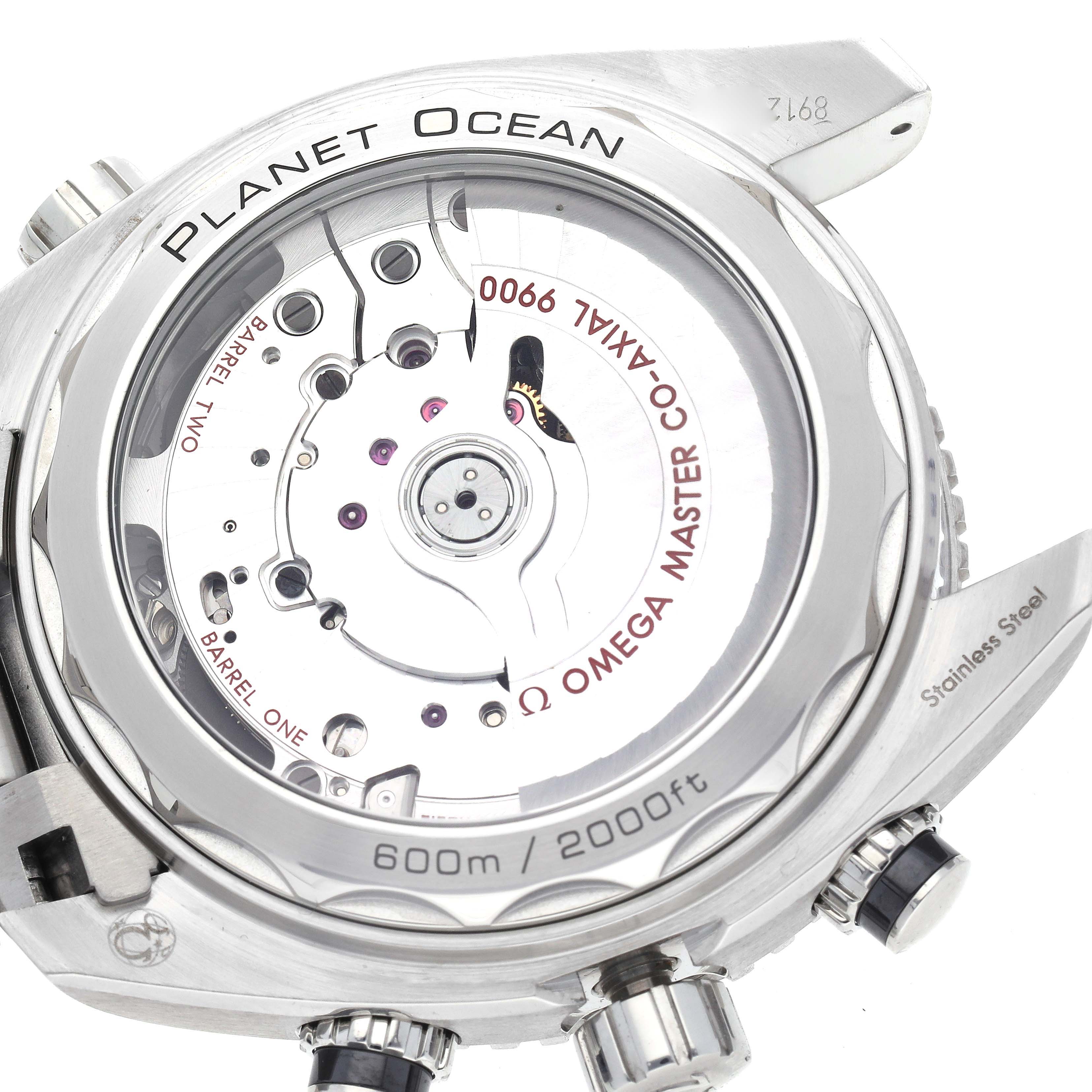 The image shows the back view of an Omega Planet Ocean 215.30.46.51.01.002 Men
s Stainless Steel Black Dial 215.30.46.51.01.002 Men
s Stainless Steel Black Dial watch, highlighting its movement and transparent case back.