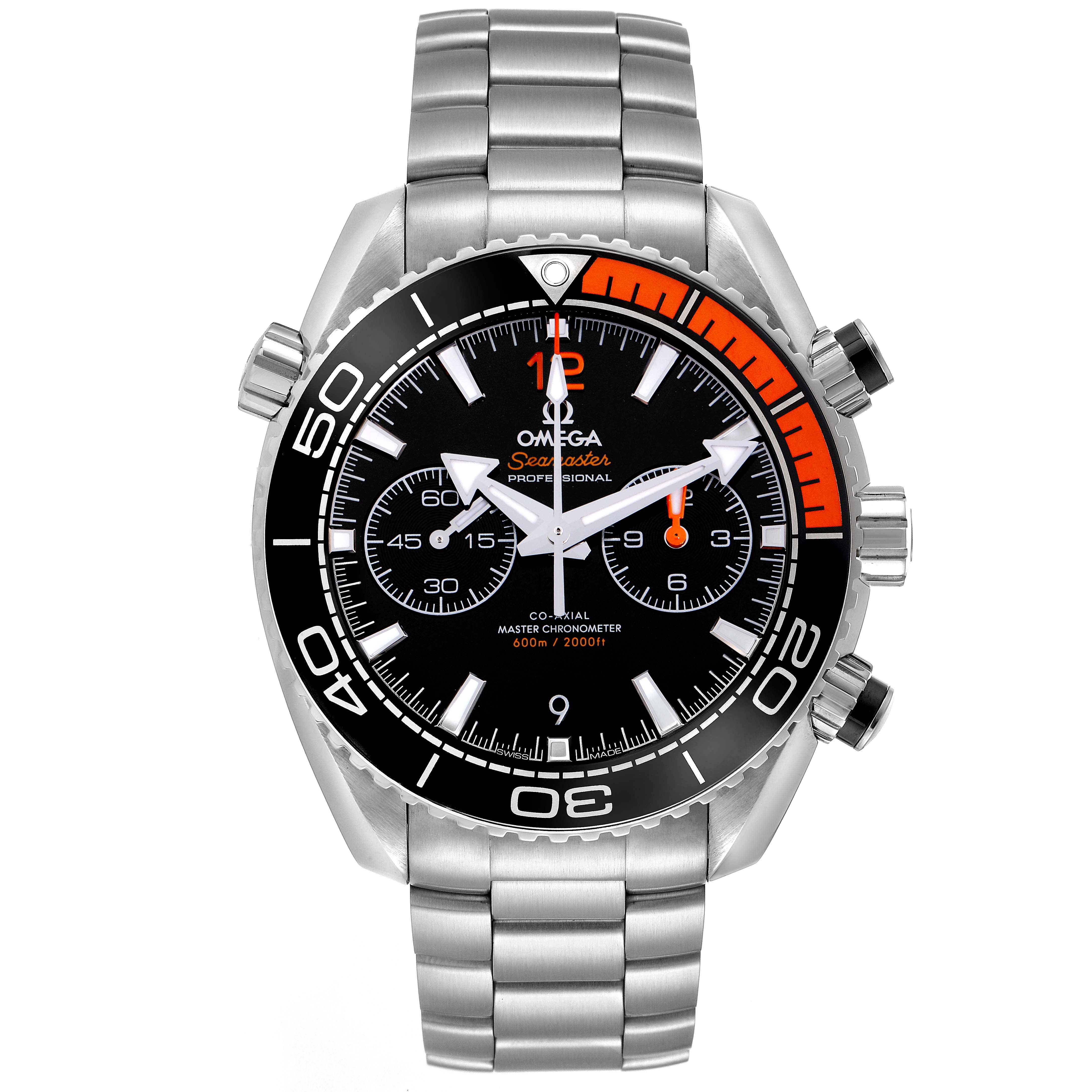 The image shows a front view of the Omega Planet Ocean 215.30.46.51.01.002 Men
s Stainless Steel Black Dial 215.30.46.51.01.002 Men
s Stainless Steel Black Dial watch, displaying its face, bezel, and bracelet.