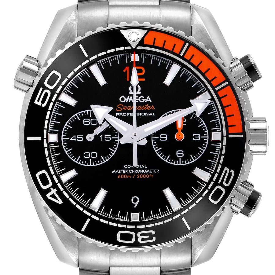 The Omega Planet Ocean watch is shown from the front, displaying the bezel, dial, chronograph sub-dials, and metal bracelet.