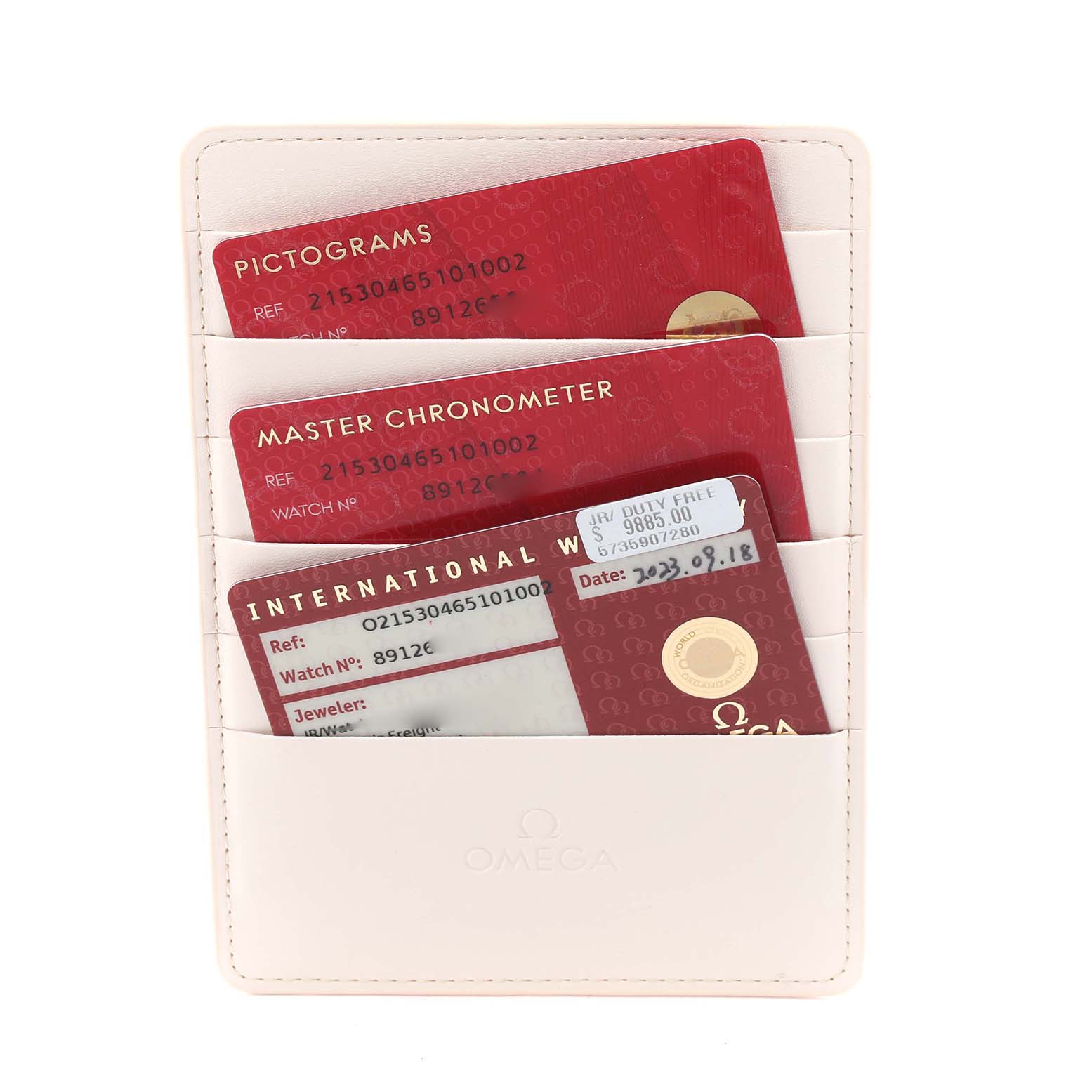 The image shows cards for the Omega Planet Ocean 215.30.46.51.01.002 Men
s Stainless Steel Black Dial 215.30.46.51.01.002 Men
s Stainless Steel Black Dial watch, including Pictograms, Master Chronometer, and International Warranty cards.