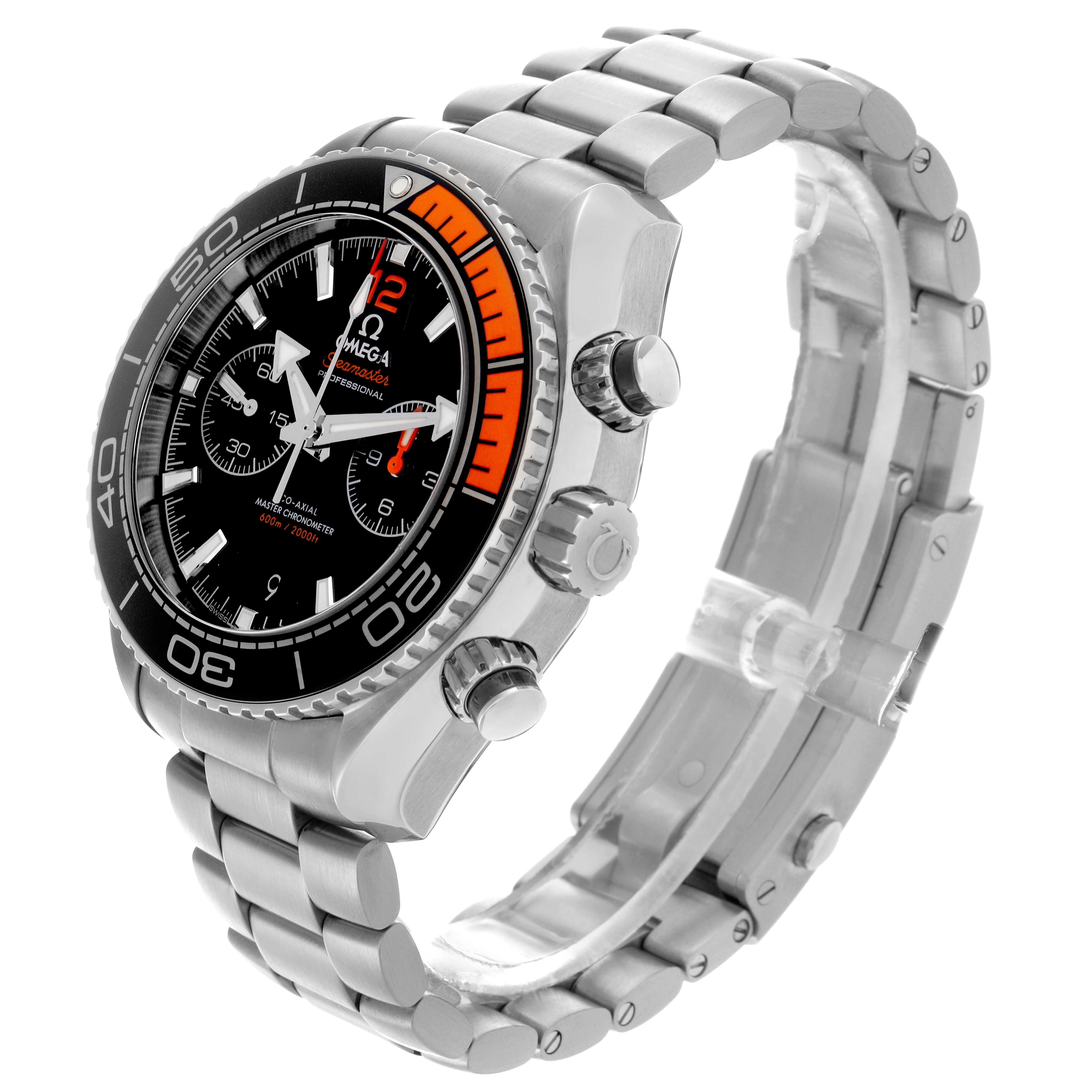 The Omega Planet Ocean 215.30.46.51.01.002 Men
s Stainless Steel Black Dial 215.30.46.51.01.002 Men
s Stainless Steel Black Dial watch is shown at a three-quarter angle, displaying the face, bezel, crown, and metal bracelet.