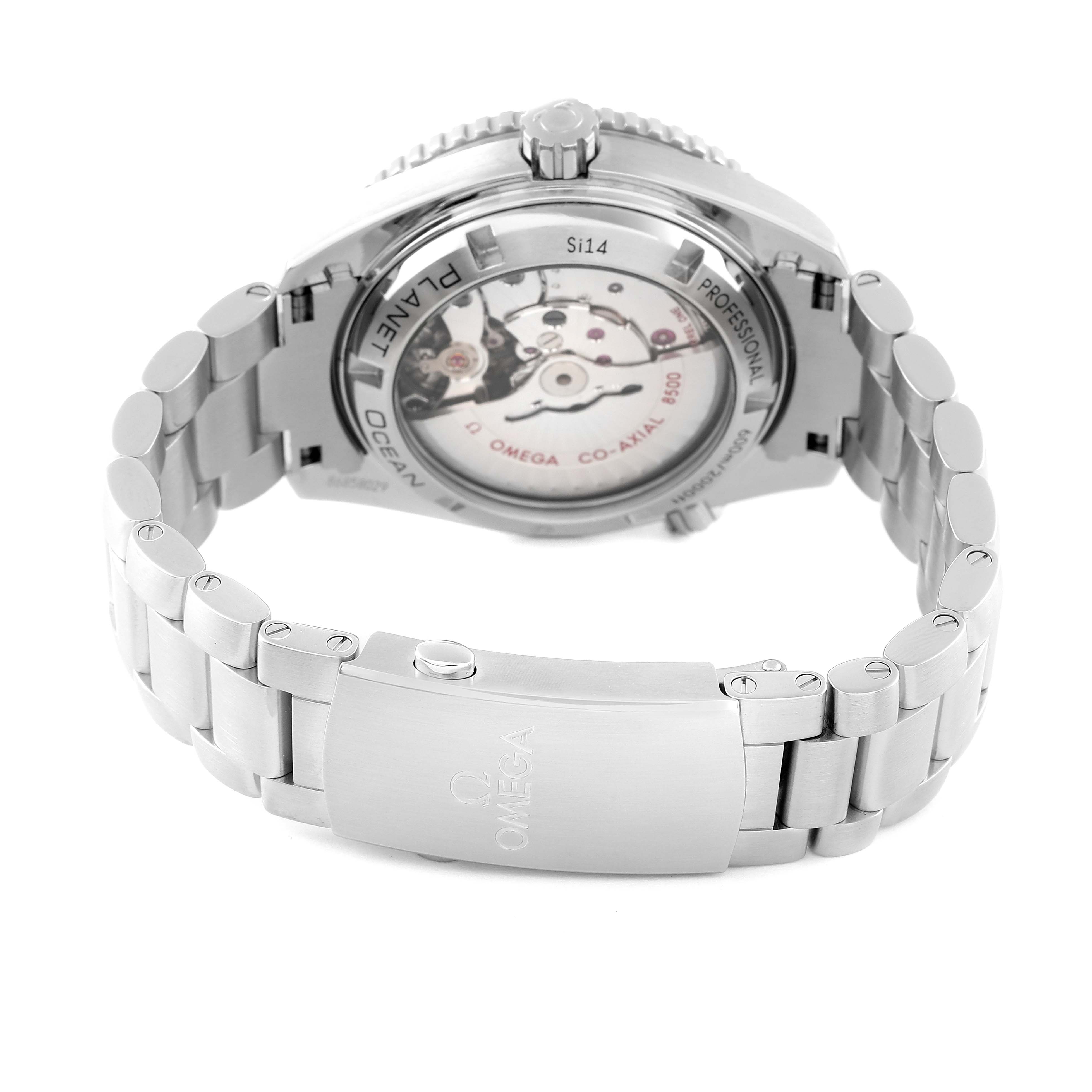 The image shows the back view of the Omega Planet Ocean 232.30.42.21.01.003 Men's Stainless Steel Black Dial 232.30.42.21.01.003 Men's Stainless Steel Black Dial watch, highlighting its open case back and metal bracelet.