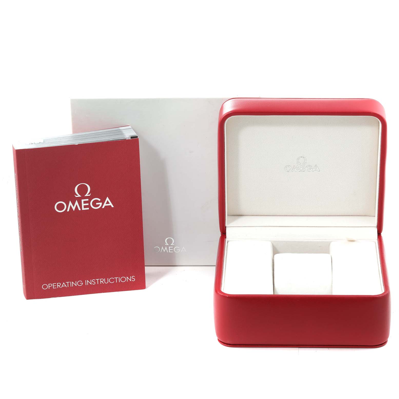 The image shows the packaging and manual of the Omega Planet Ocean 232.30.42.21.01.003 Men's Stainless Steel Black Dial 232.30.42.21.01.003 Men's Stainless Steel Black Dial model with the watch box open, revealing the interior compartments.