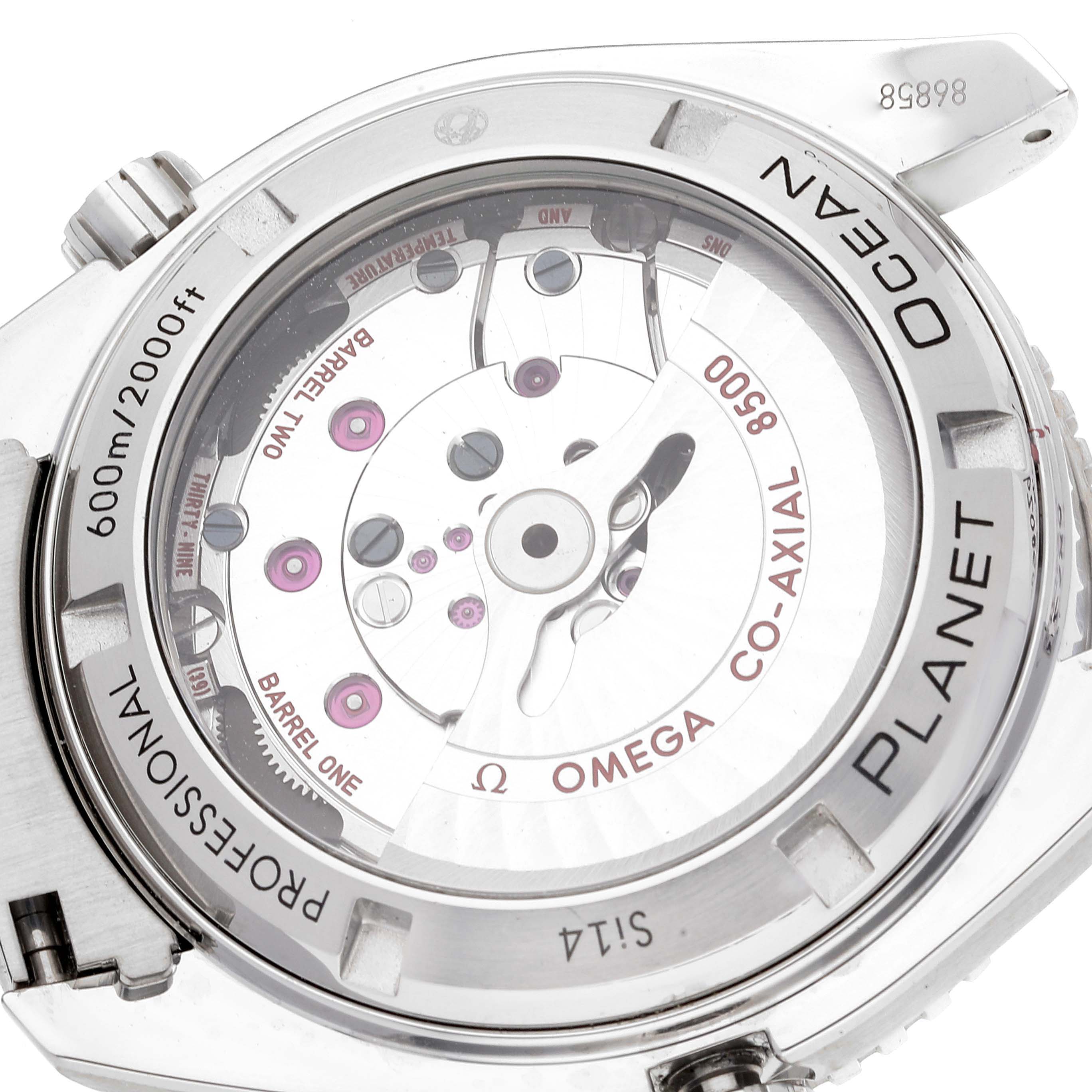 The image shows the back view of the Omega Planet Ocean 232.30.42.21.01.003 Men's Stainless Steel Black Dial 232.30.42.21.01.003 Men's Stainless Steel Black Dial watch, highlighting its co-axial movement and transparent case back.