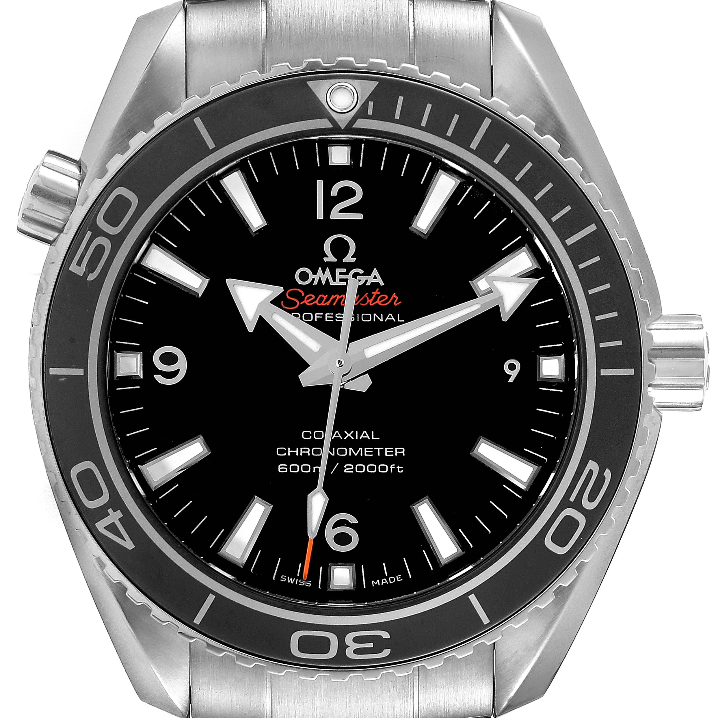 This image shows a front view of the Omega Planet Ocean 232.30.42.21.01.003 Men's Stainless Steel Black Dial 232.30.42.21.01.003 Men's Stainless Steel Black Dial model, displaying the dial, hands, bezel, and part of the bracelet.