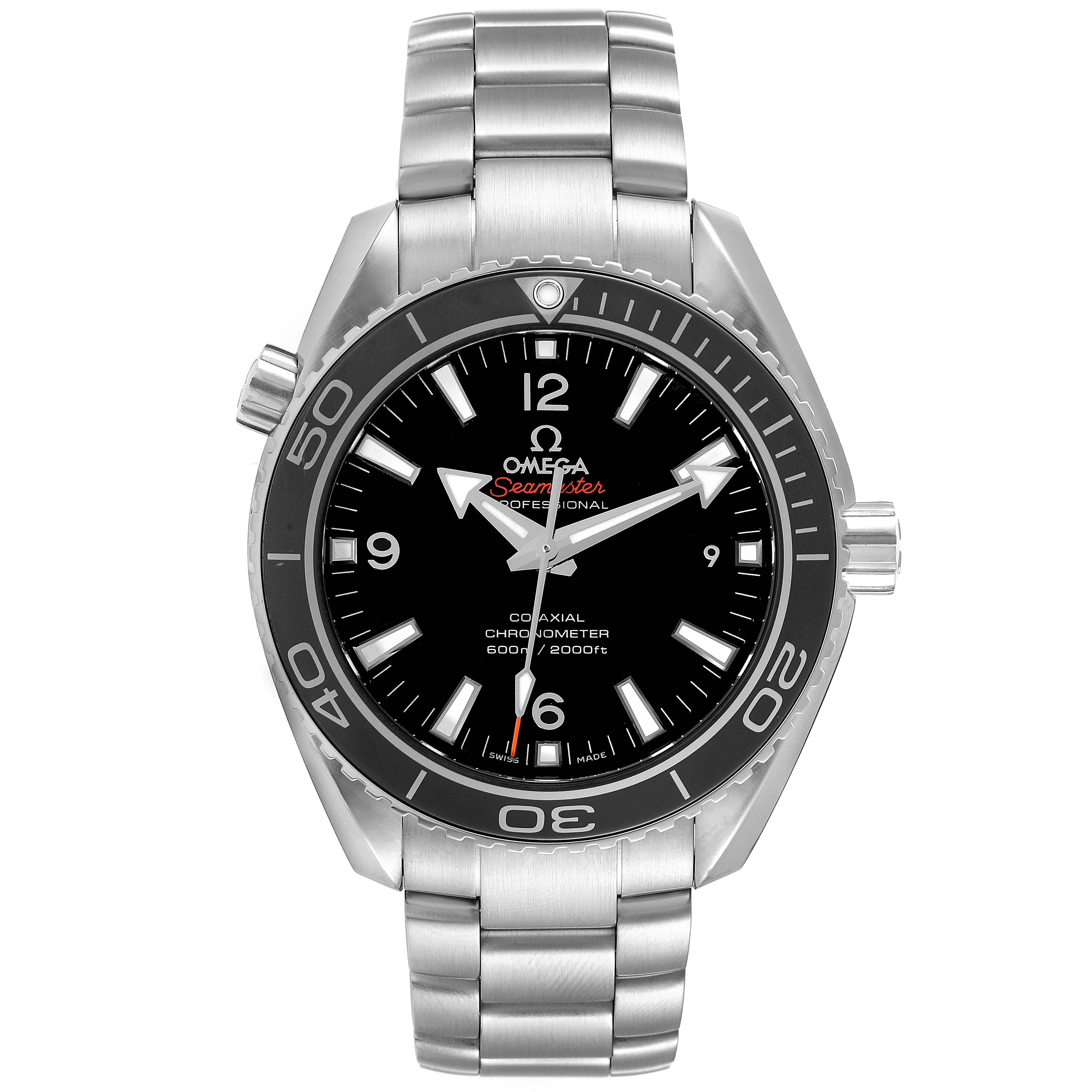 This image shows a front view of the Omega Planet Ocean 232.30.42.21.01.003 Men's Stainless Steel Black Dial 232.30.42.21.01.003 Men's Stainless Steel Black Dial model watch, highlighting its black dial, bezel, and stainless steel bracelet.