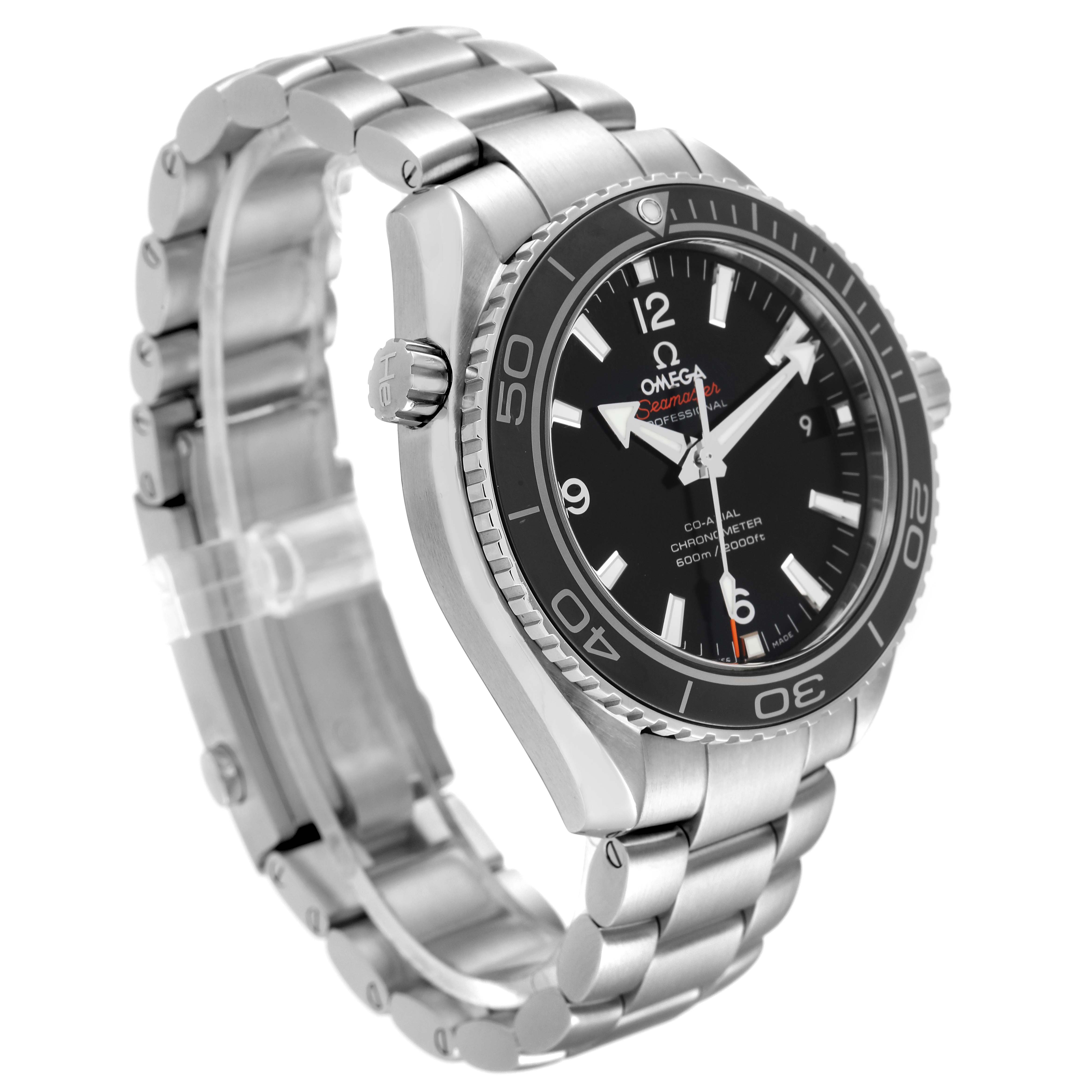 The Omega Planet Ocean 232.30.42.21.01.003 Men's Stainless Steel Black Dial 232.30.42.21.01.003 Men's Stainless Steel Black Dial watch is angled showing the face, bezel, crown, and part of the metal bracelet.