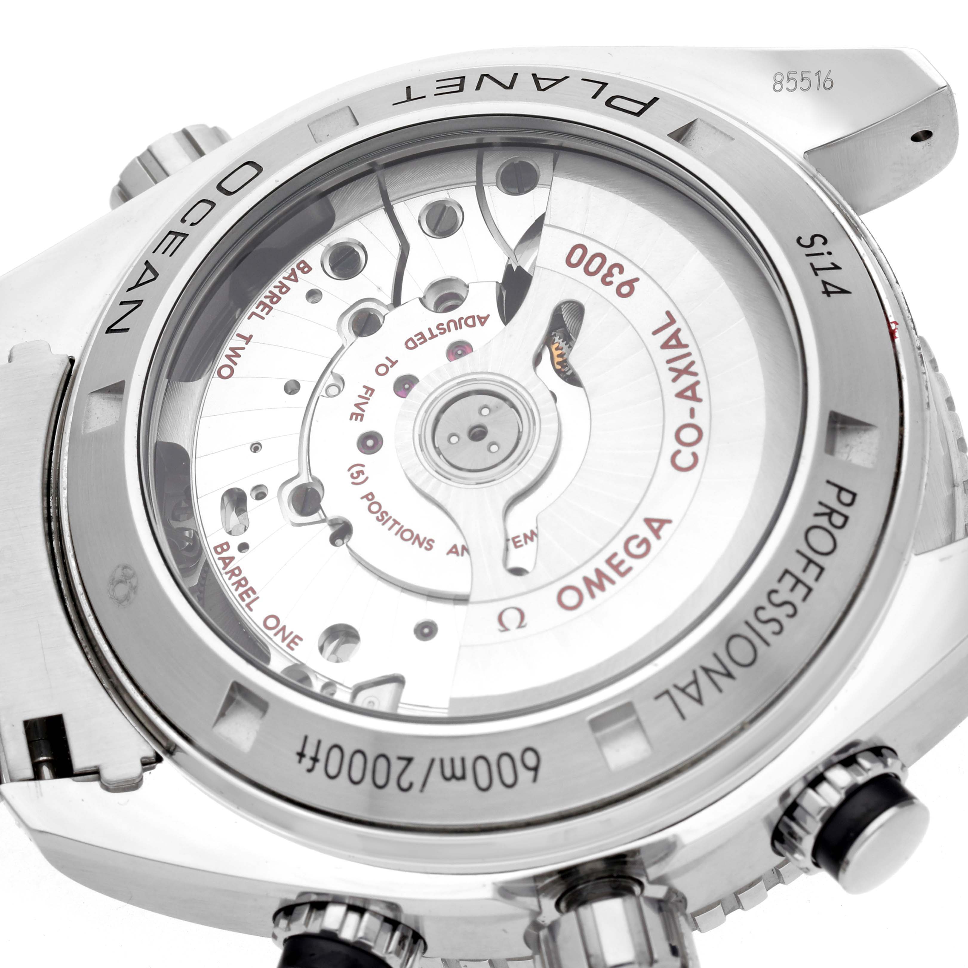 The image shows the back casing of the Omega Planet Ocean 232.30.46.51.01.001 Men
s Stainless Steel Black Dial 232.30.46.51.01.001 Men
s Stainless Steel Black Dial watch, highlighting the movement mechanism and branding details.