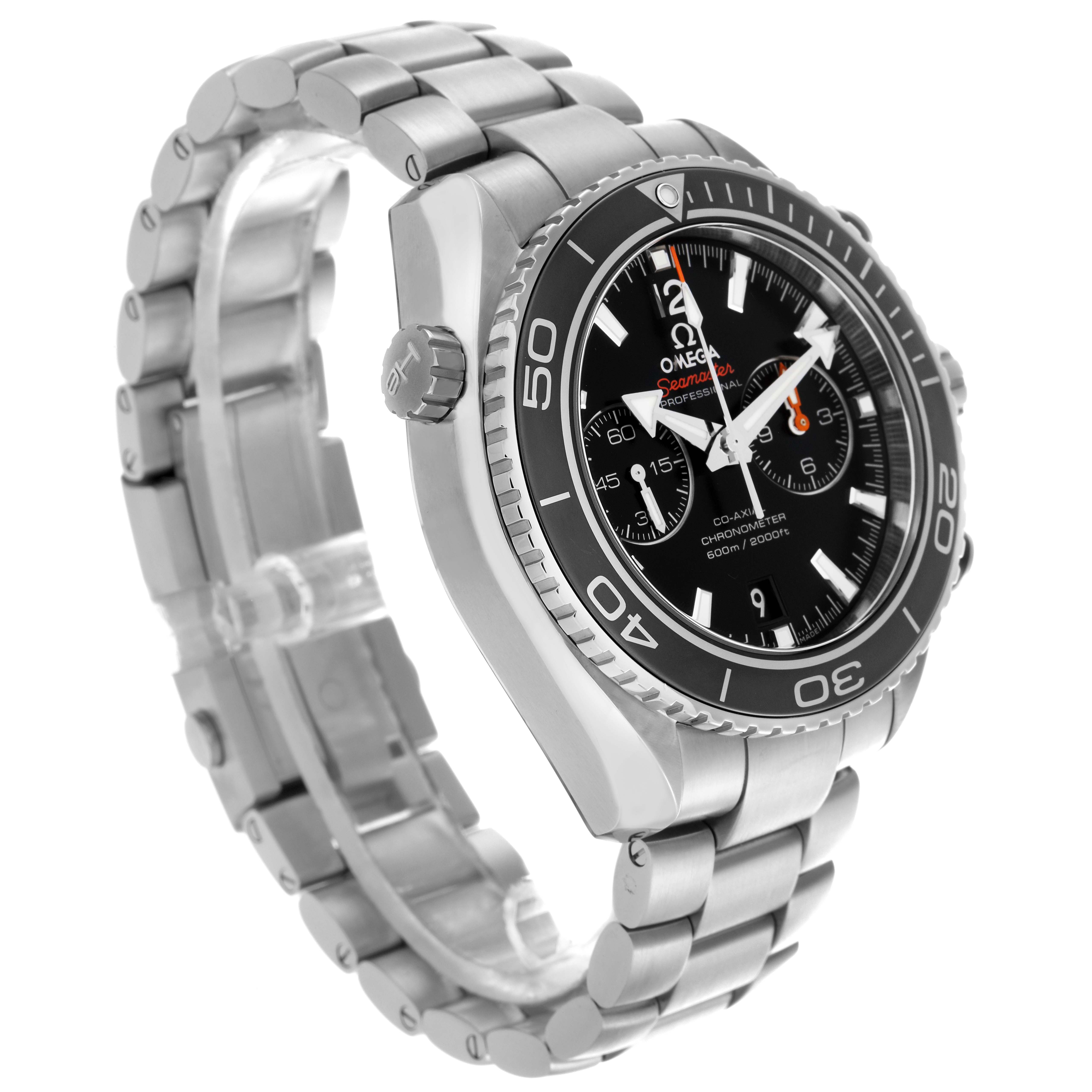 The Omega Planet Ocean 232.30.46.51.01.001 Men
s Stainless Steel Black Dial 232.30.46.51.01.001 Men
s Stainless Steel Black Dial watch is shown at a three-quarter angle, highlighting the face, bezel, case, crown, and bracelet.