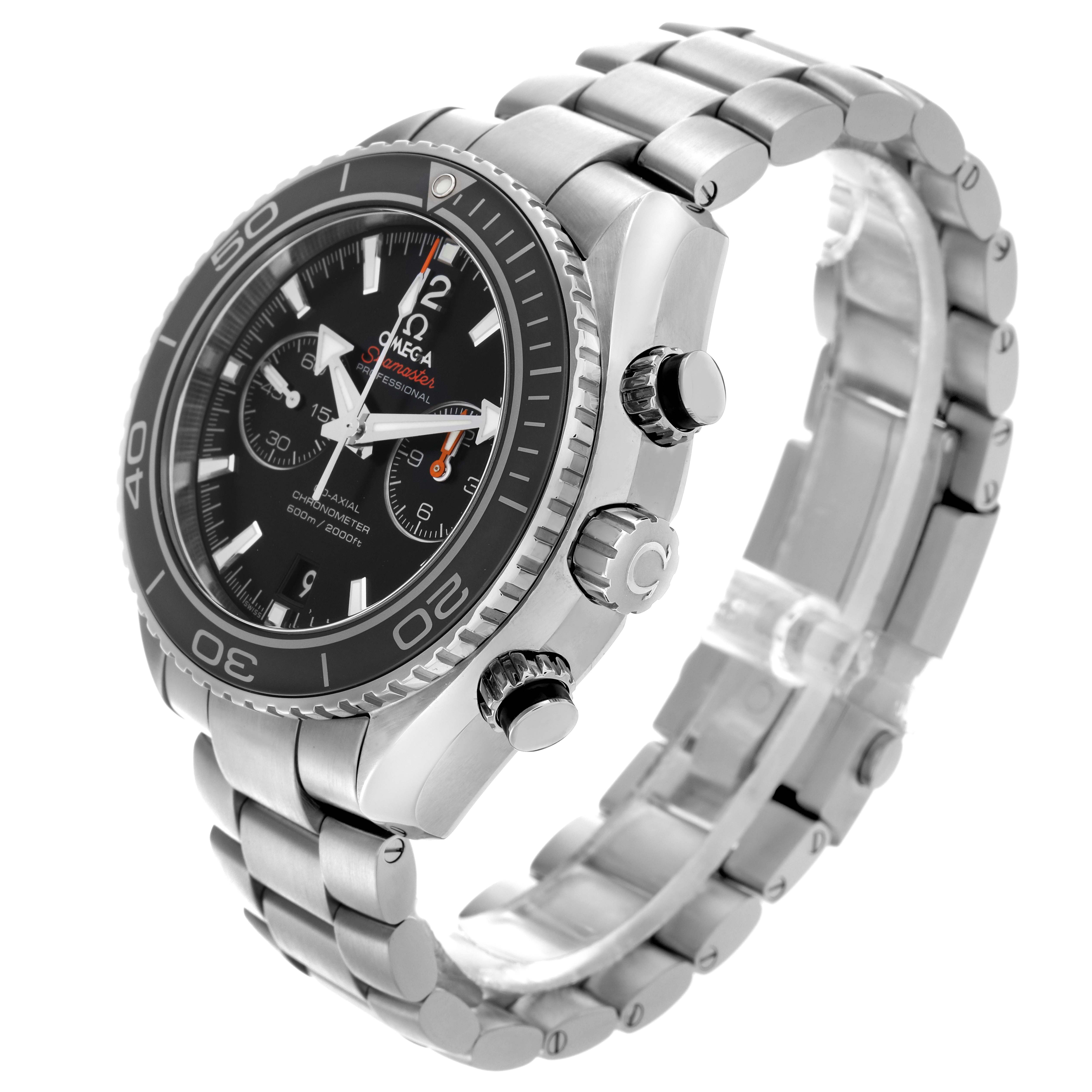 The Omega Planet Ocean 232.30.46.51.01.001 Men
s Stainless Steel Black Dial 232.30.46.51.01.001 Men
s Stainless Steel Black Dial watch is shown at a three-quarter angle, highlighting the face, bezel, crown, and stainless steel bracelet.