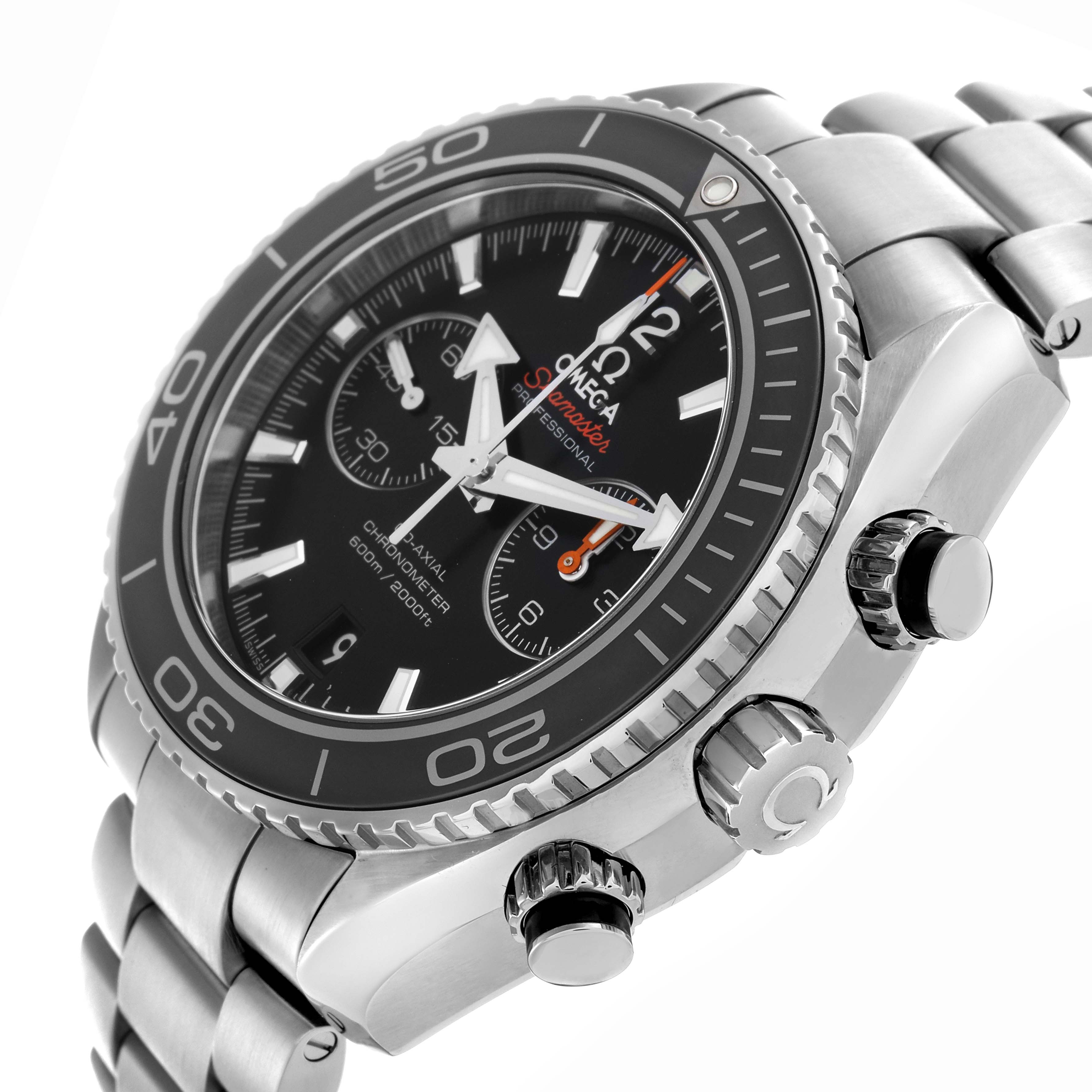 The Omega Planet Ocean 232.30.46.51.01.001 Men
s Stainless Steel Black Dial 232.30.46.51.01.001 Men
s Stainless Steel Black Dial watch is shown at a three-quarter angle, displaying its face, bezel, crown, and bracelet.
