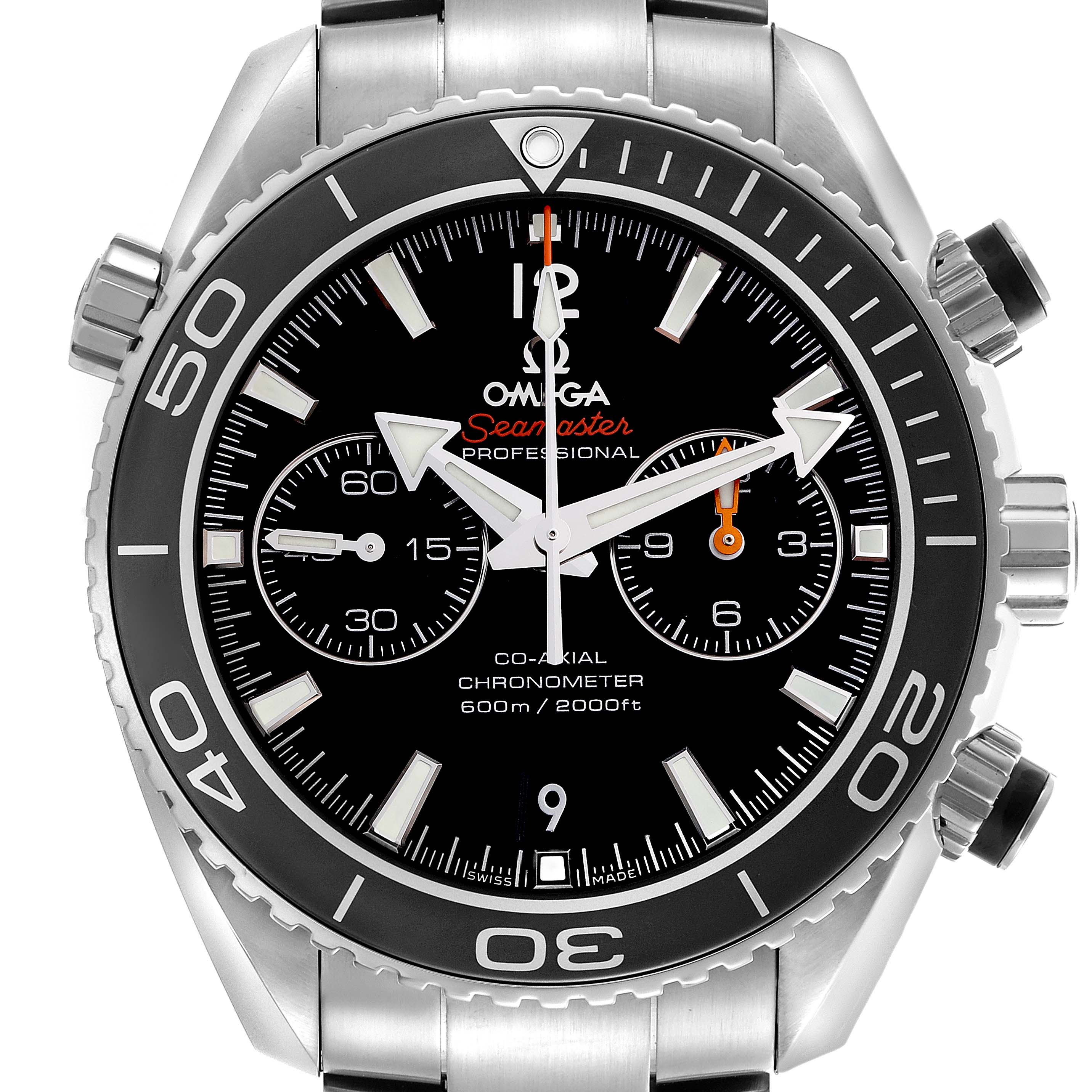 The Omega Planet Ocean 232.30.46.51.01.001 Men
s Stainless Steel Black Dial 232.30.46.51.01.001 Men
s Stainless Steel Black Dial watch is shown from the front, displaying the dial, bezel, crown, and chronograph subdials.