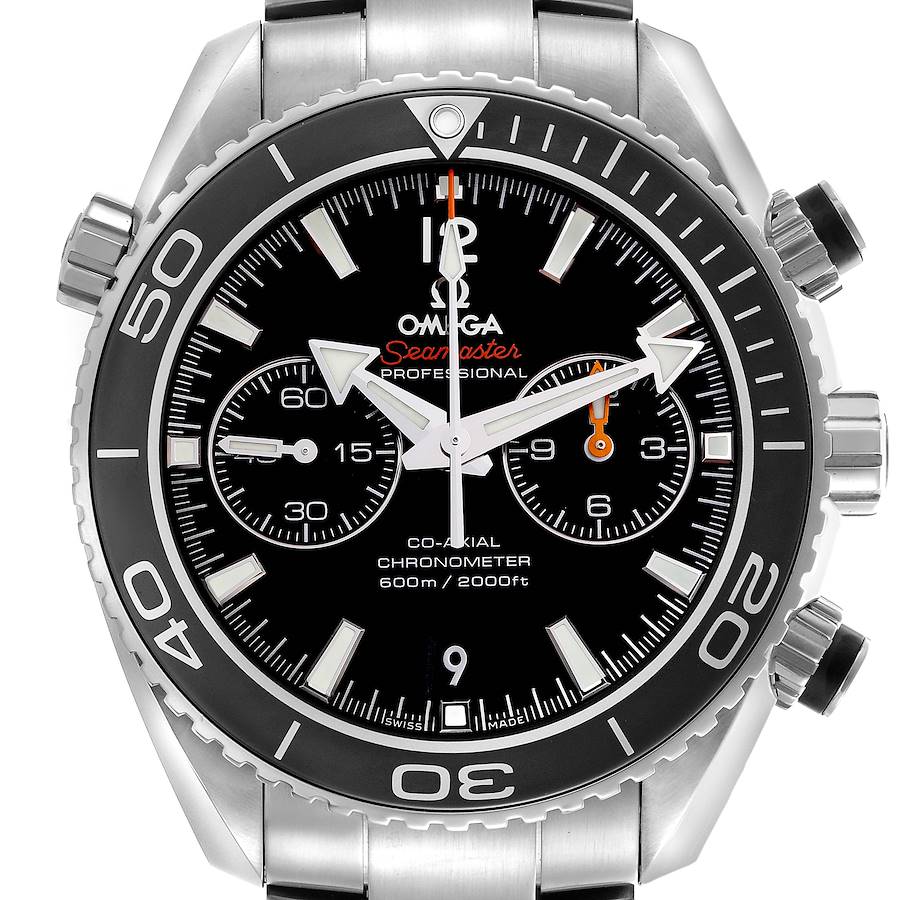 The Omega Planet Ocean watch is shown from the front, displaying the dial, bezel, crown, and chronograph subdials.