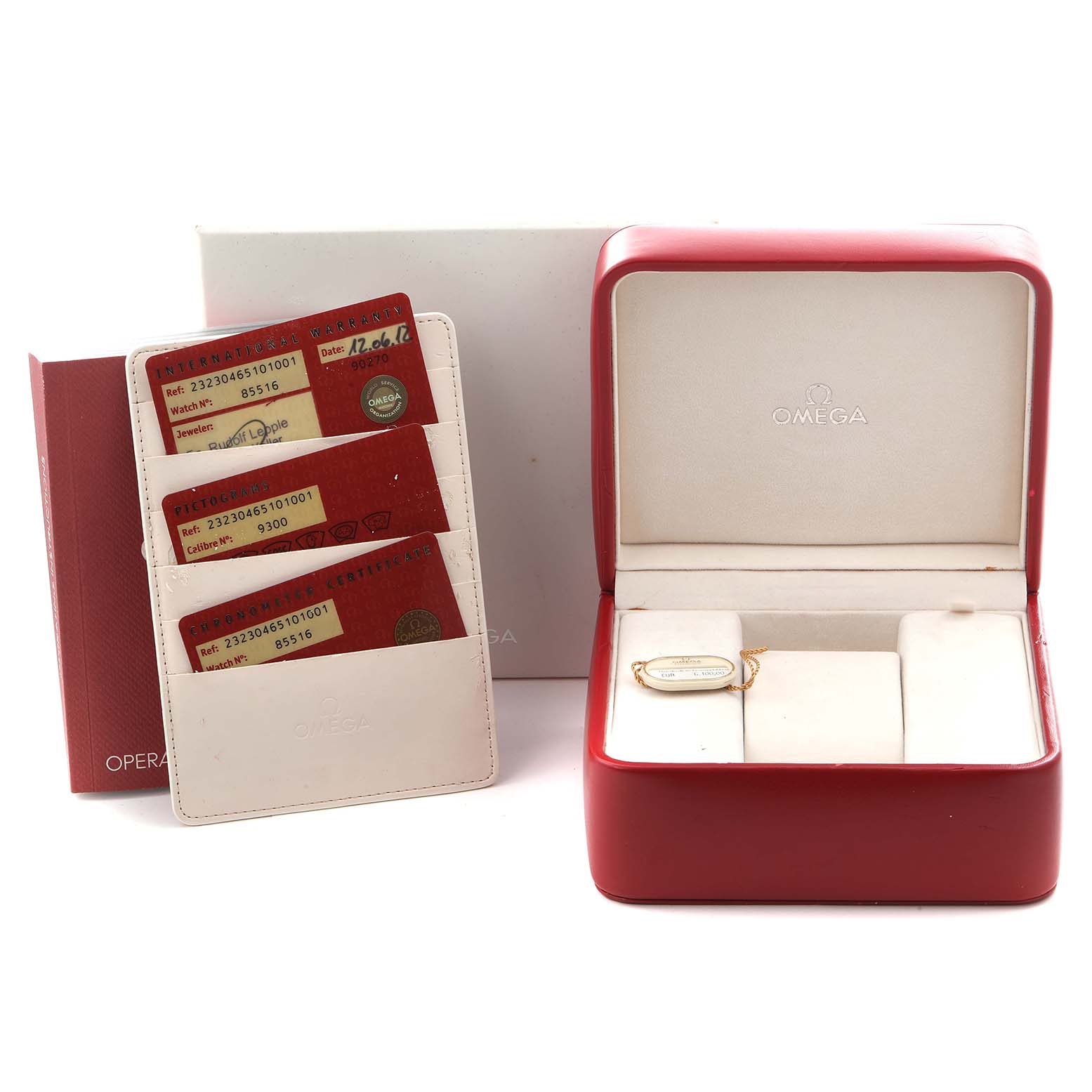 The image shows an Omega Planet Ocean 232.30.46.51.01.001 Men
s Stainless Steel Black Dial 232.30.46.51.01.001 Men
s Stainless Steel Black Dial watch box, warranty cards, and a red case.