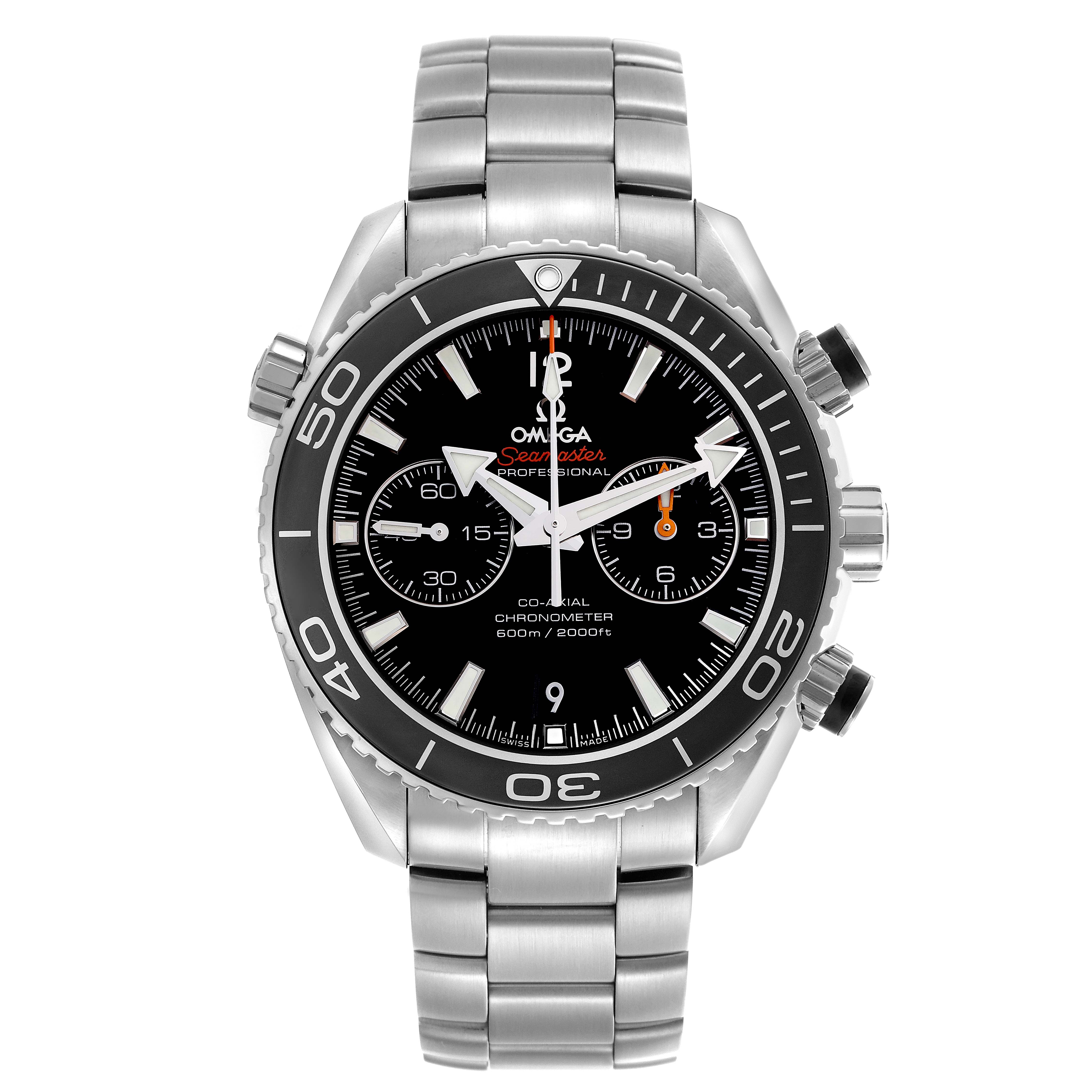 The Omega Planet Ocean 232.30.46.51.01.001 Men
s Stainless Steel Black Dial 232.30.46.51.01.001 Men
s Stainless Steel Black Dial watch is shown from a front angle, displaying its dial, bezel, and metal bracelet.
