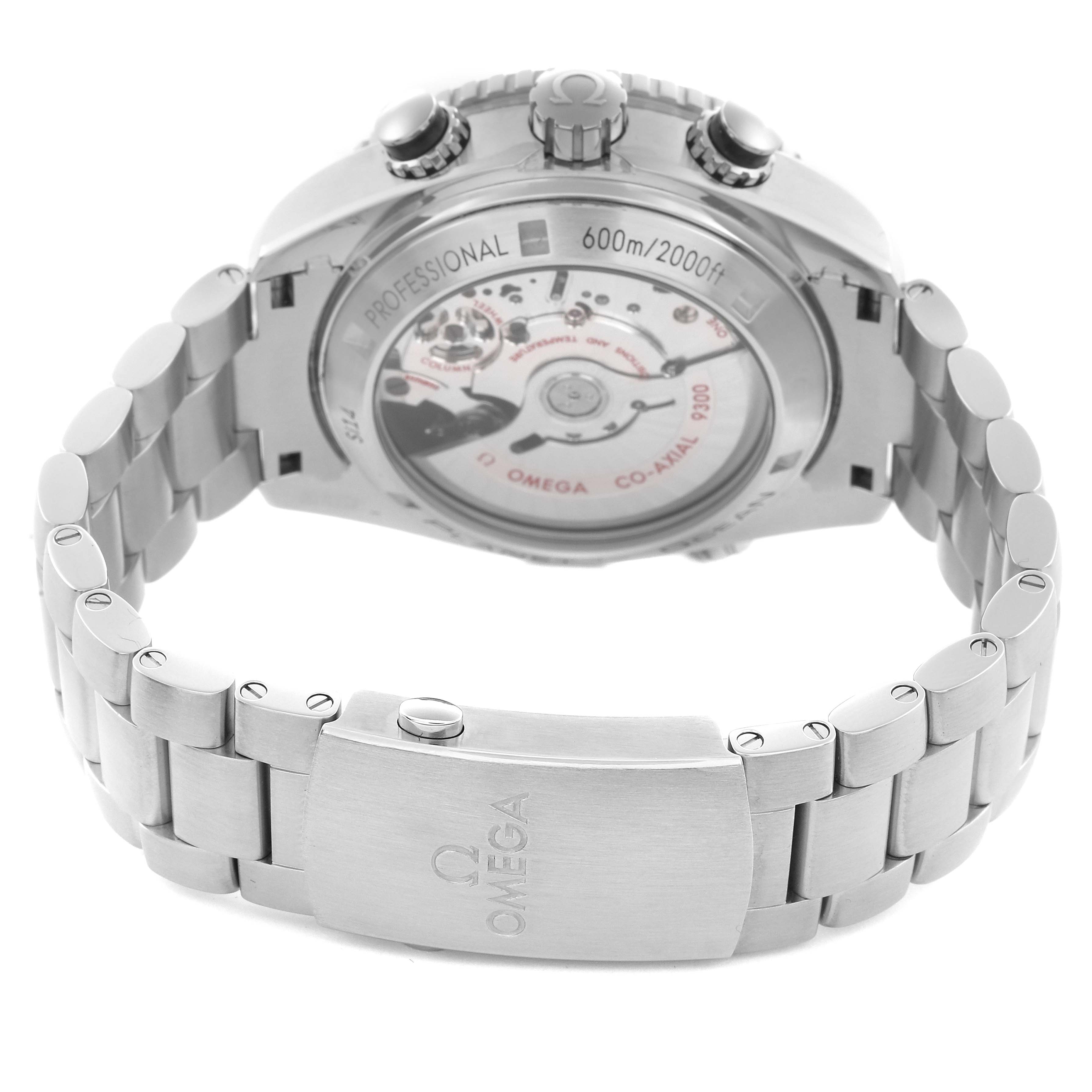 The Omega Planet Ocean 232.30.46.51.01.001 Men
s Stainless Steel Black Dial 232.30.46.51.01.001 Men
s Stainless Steel Black Dial watch is shown from the back, displaying the movement and stainless steel bracelet.