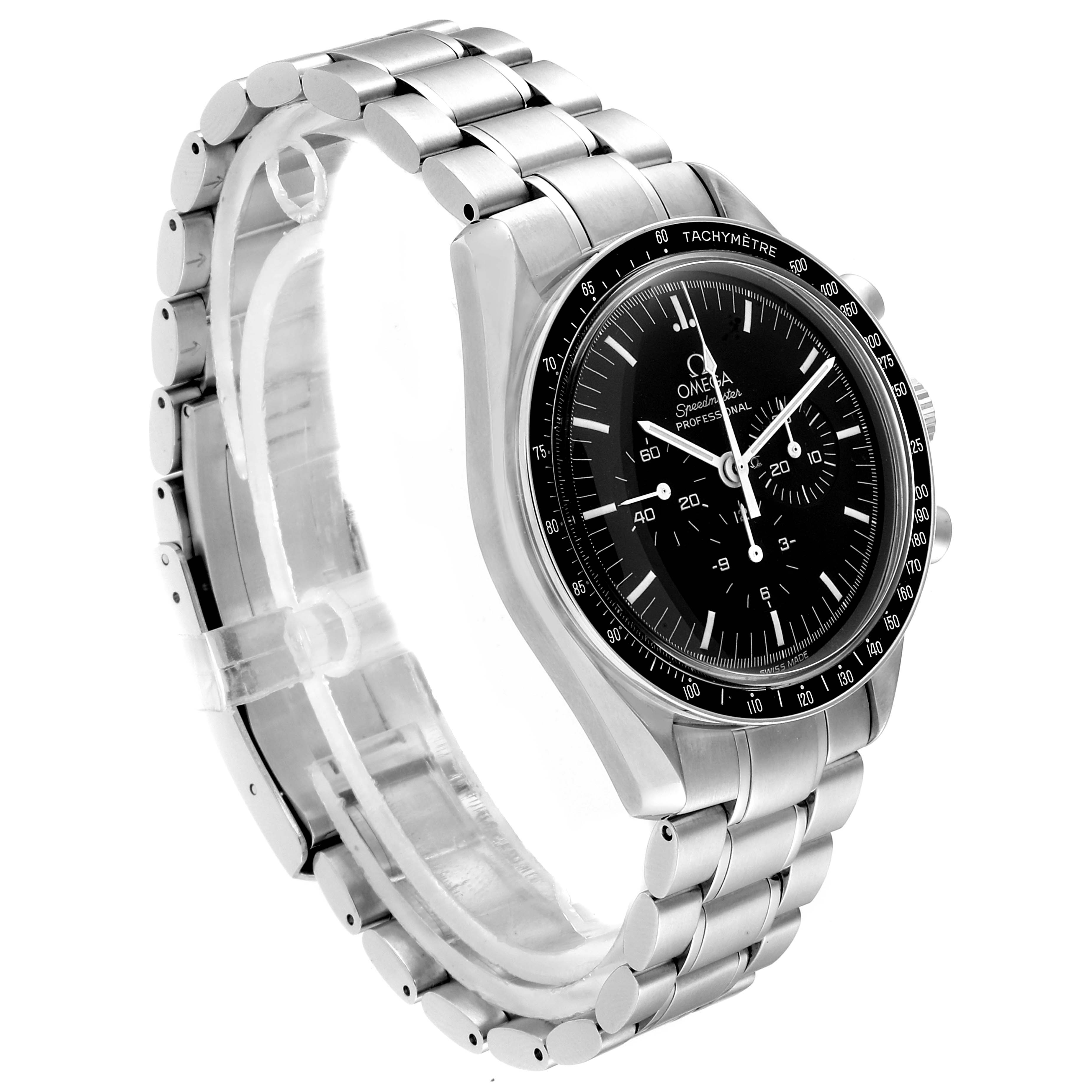 The image shows an angled view of an Omega Speedmaster 3570.50.00 Men's Stainless Steel Black Dial 3570.50.00 Men's Stainless Steel Black Dial watch, showcasing the stainless steel band and black chronograph dial.
