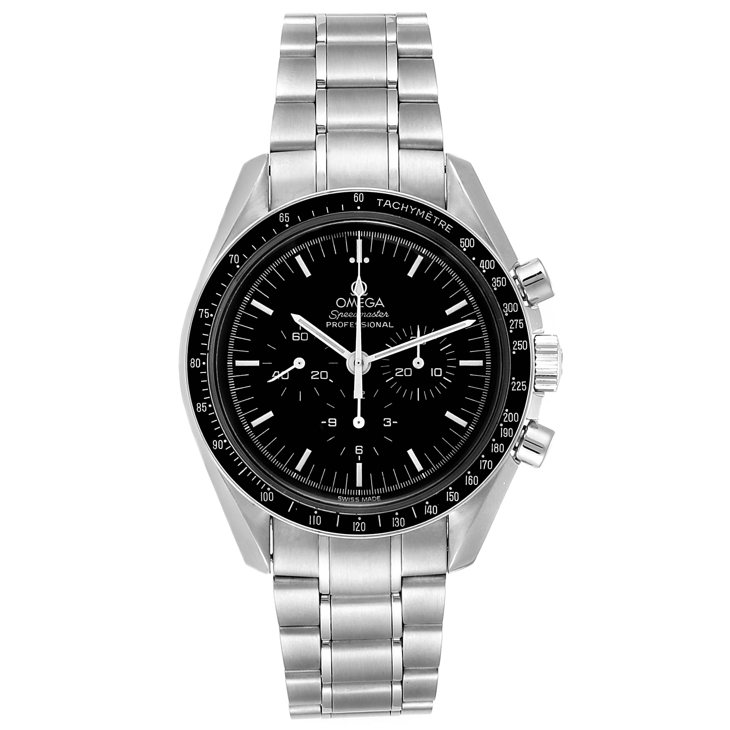 This image shows a front view of the Omega Speedmaster 3570.50.00 Men's Stainless Steel Black Dial 3570.50.00 Men's Stainless Steel Black Dial watch, highlighting its face, bezel, and stainless steel bracelet.