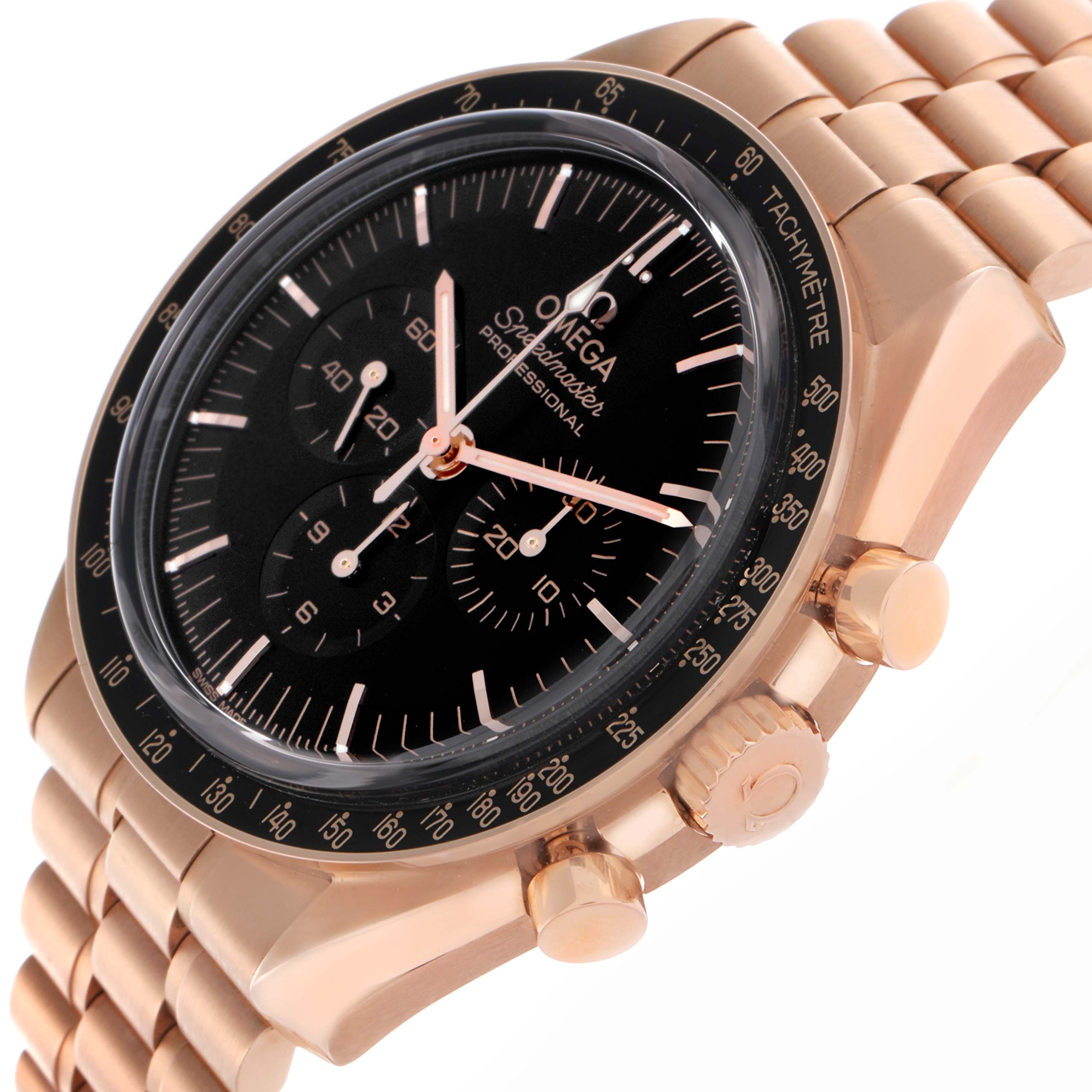 The Omega Speedmaster 310.60.42.50.01.001 Men
s Rose Gold Black Dial 310.60.42.50.01.001 Men
s Rose Gold Black Dial watch is shown at a side angle, displaying the face, bezel, crown, pushers, and part of the bracelet.