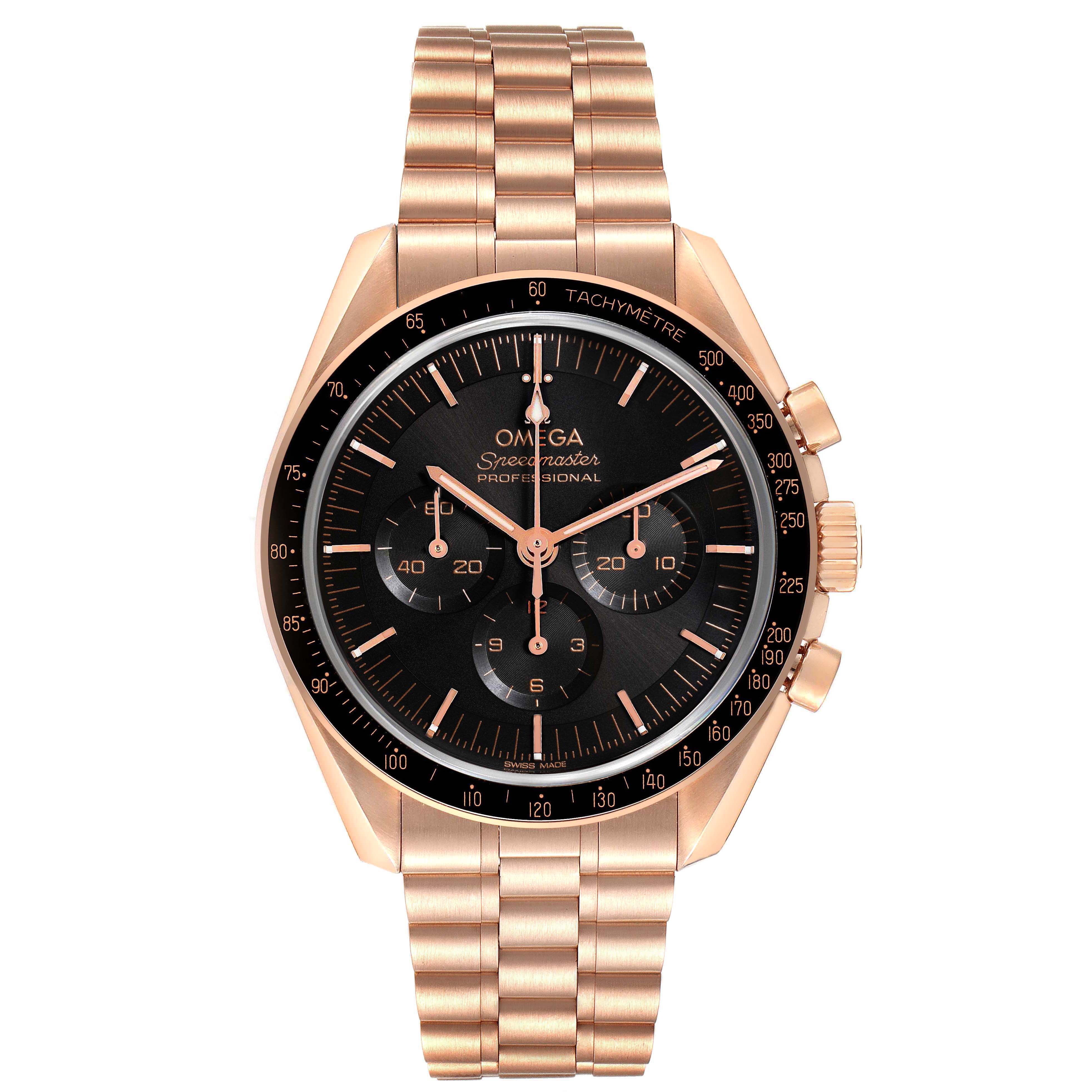 The Omega Speedmaster 310.60.42.50.01.001 Men
s Rose Gold Black Dial 310.60.42.50.01.001 Men
s Rose Gold Black Dial watch is shown from the front, highlighting the black dial, tachymeter bezel, and metal bracelet.